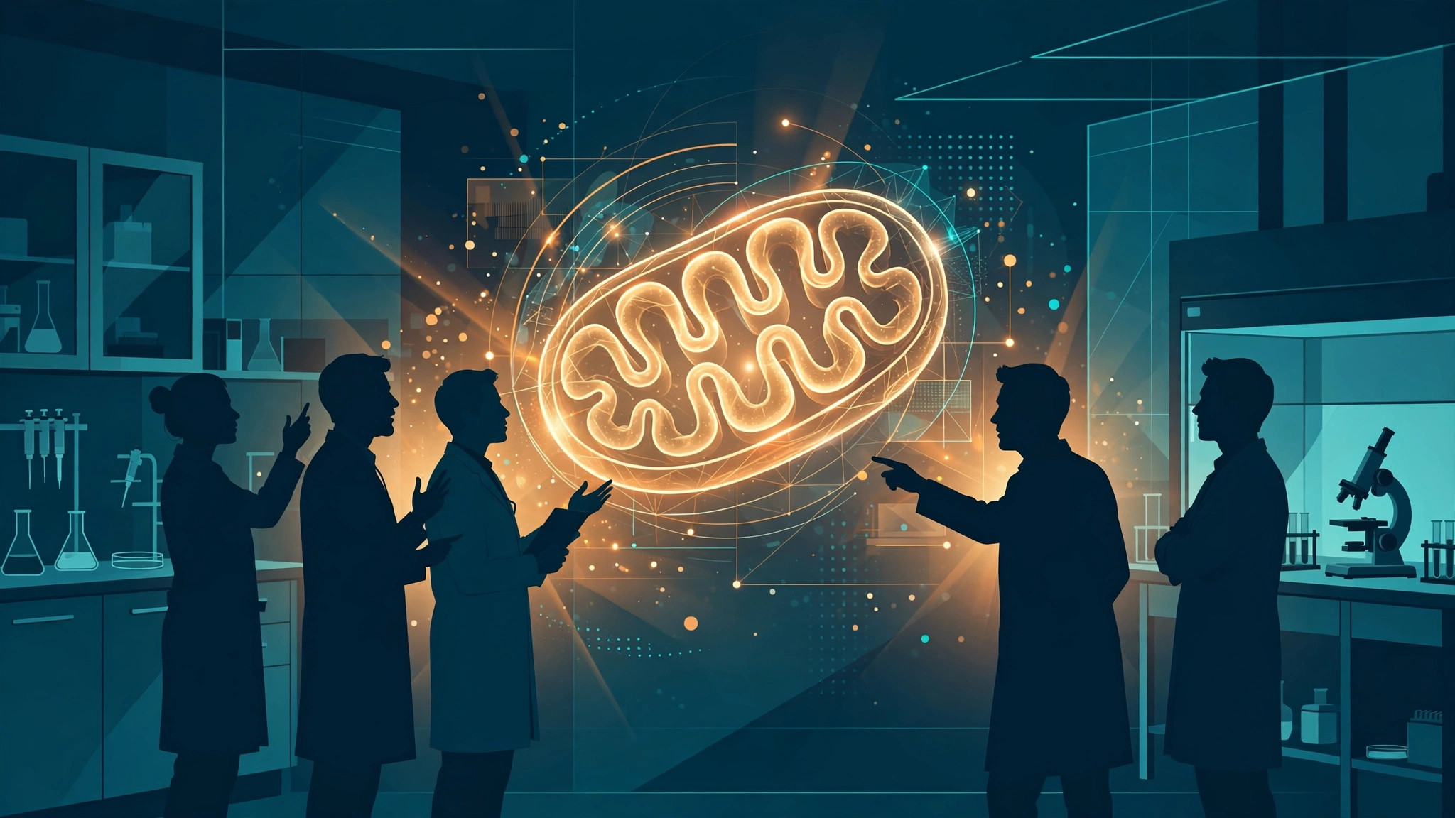 Illustration of physicians discussing a holographic mitochondrion