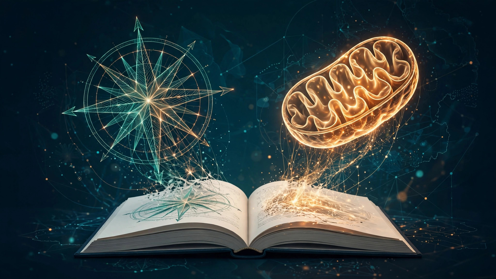 Illustration of an open book with a glowing mitochondrial network