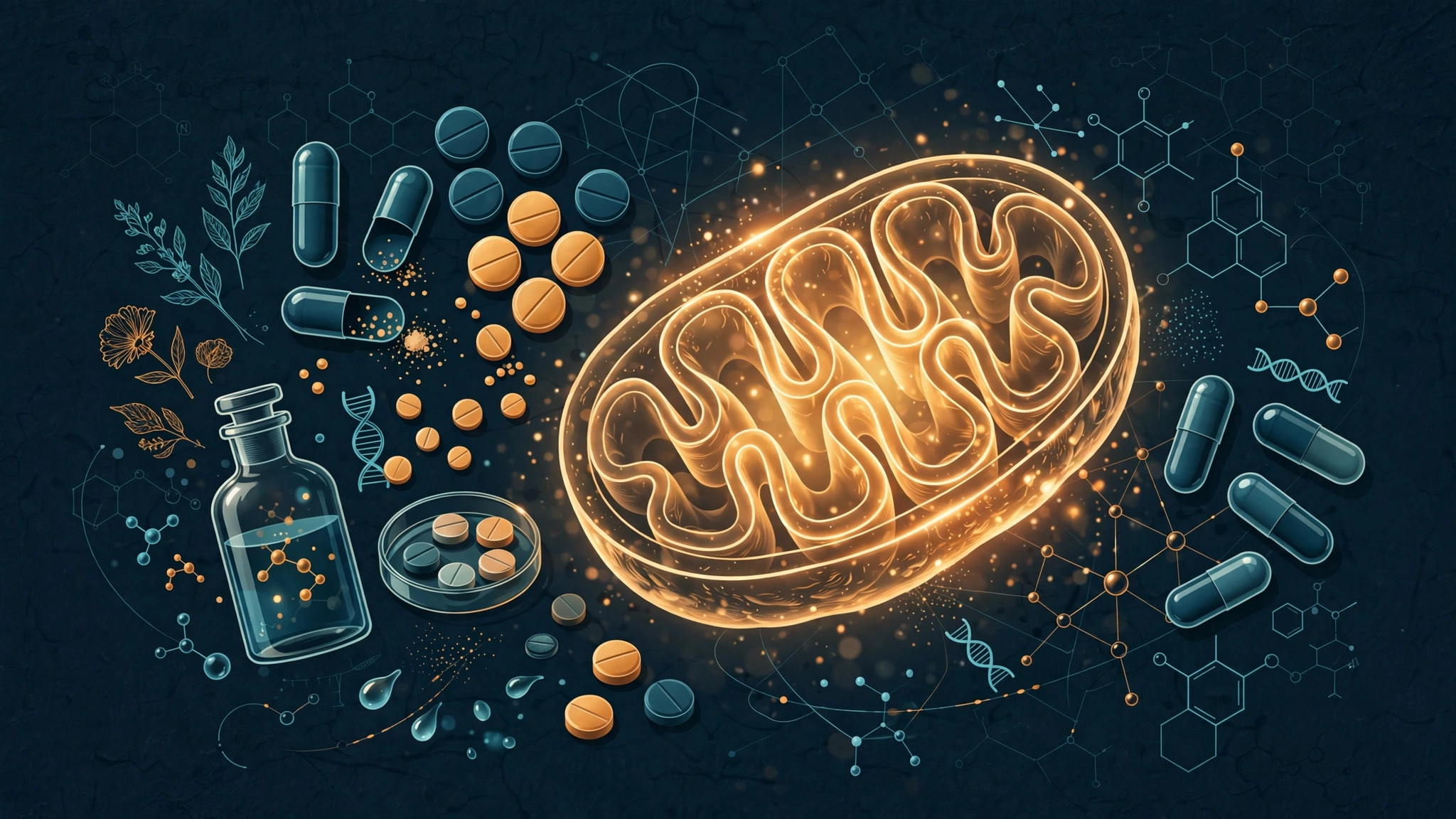 Illustration of medicine capsules dissolving into a glowing cellular core