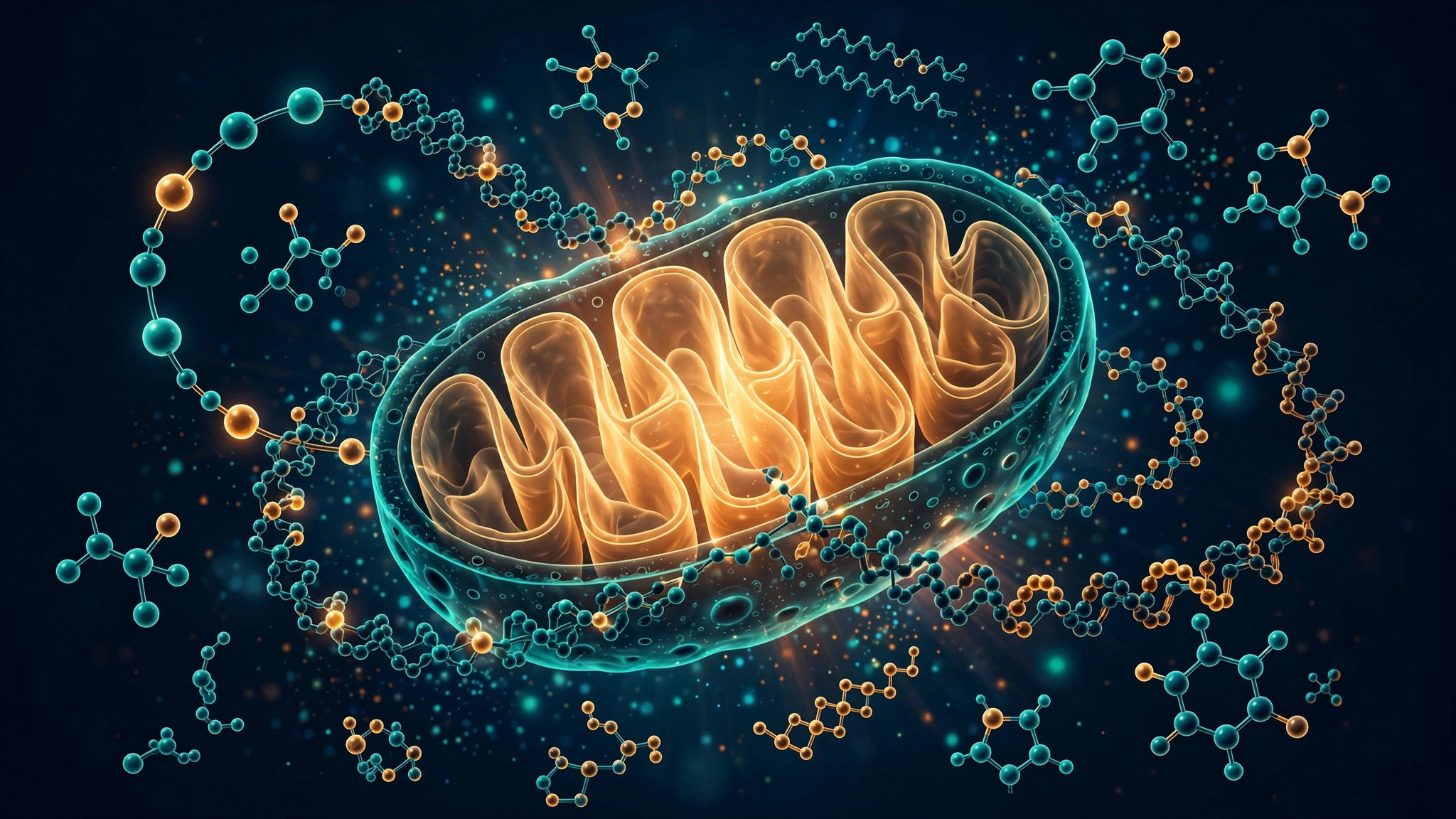 Illustration of peptide chains around a glowing mitochondrion