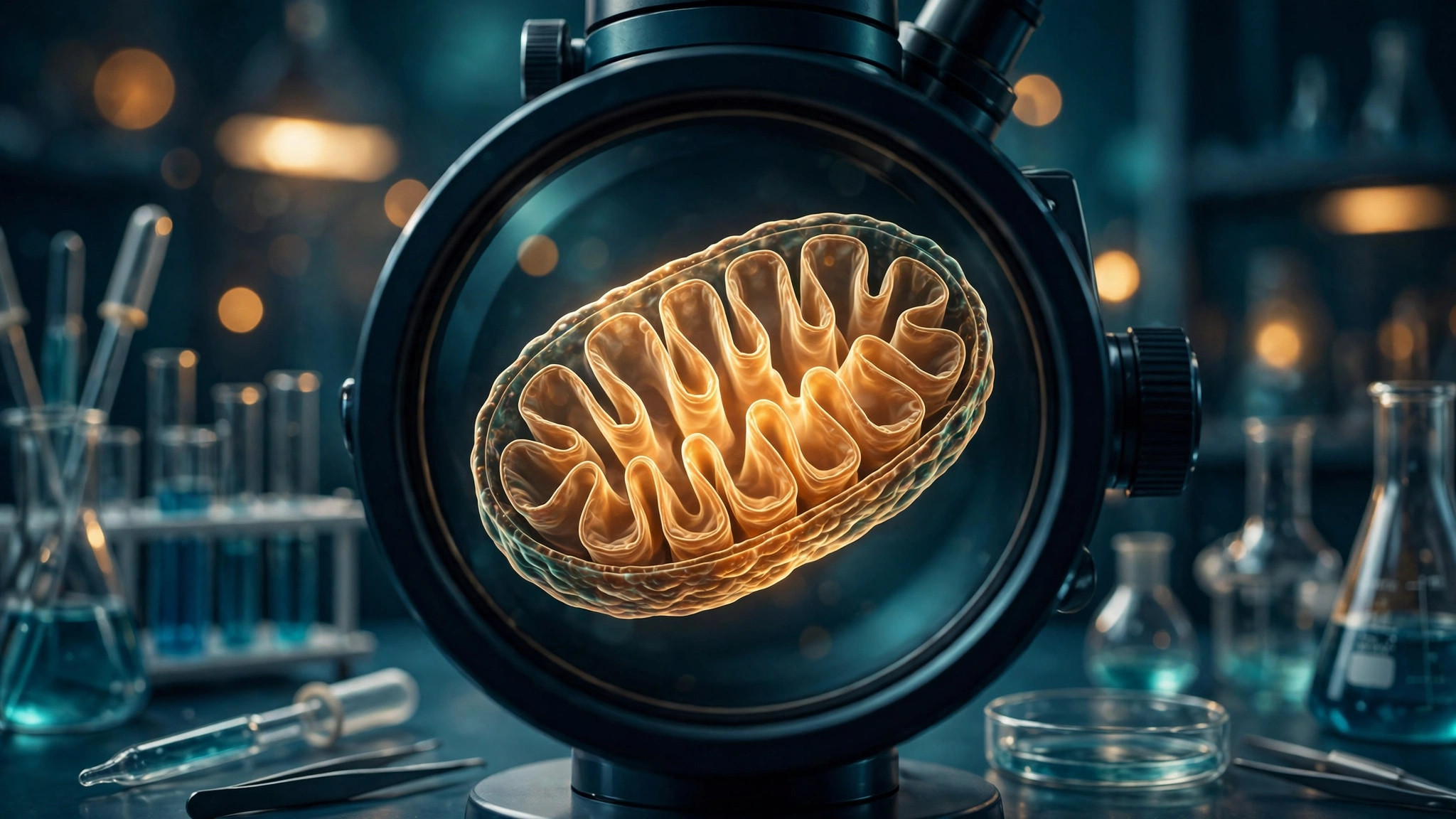 Illustration of a glowing mitochondrion under a microscope lens with DNA strands