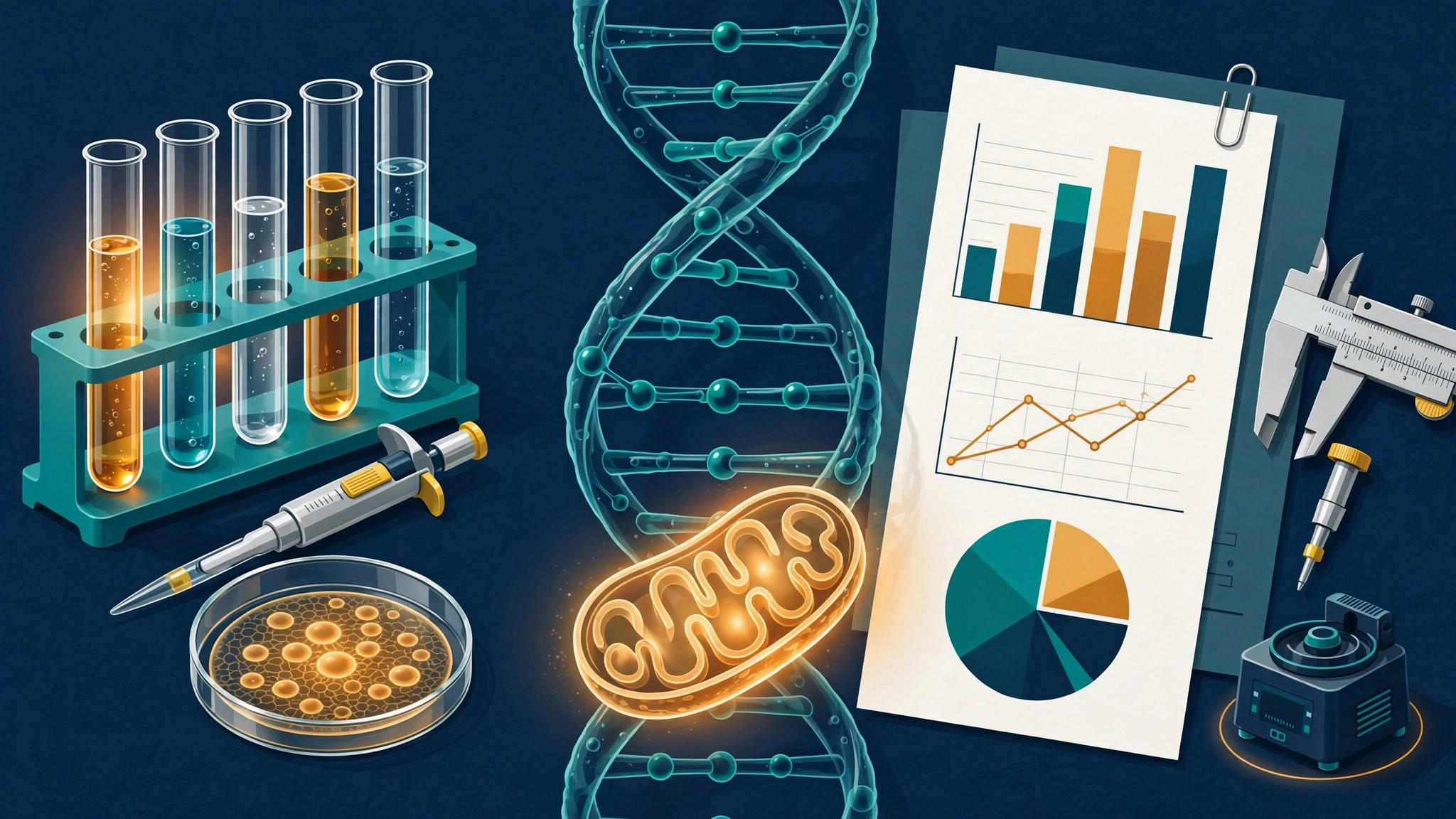 Illustration of laboratory test tubes and a diagnostic report with a mitochondrion