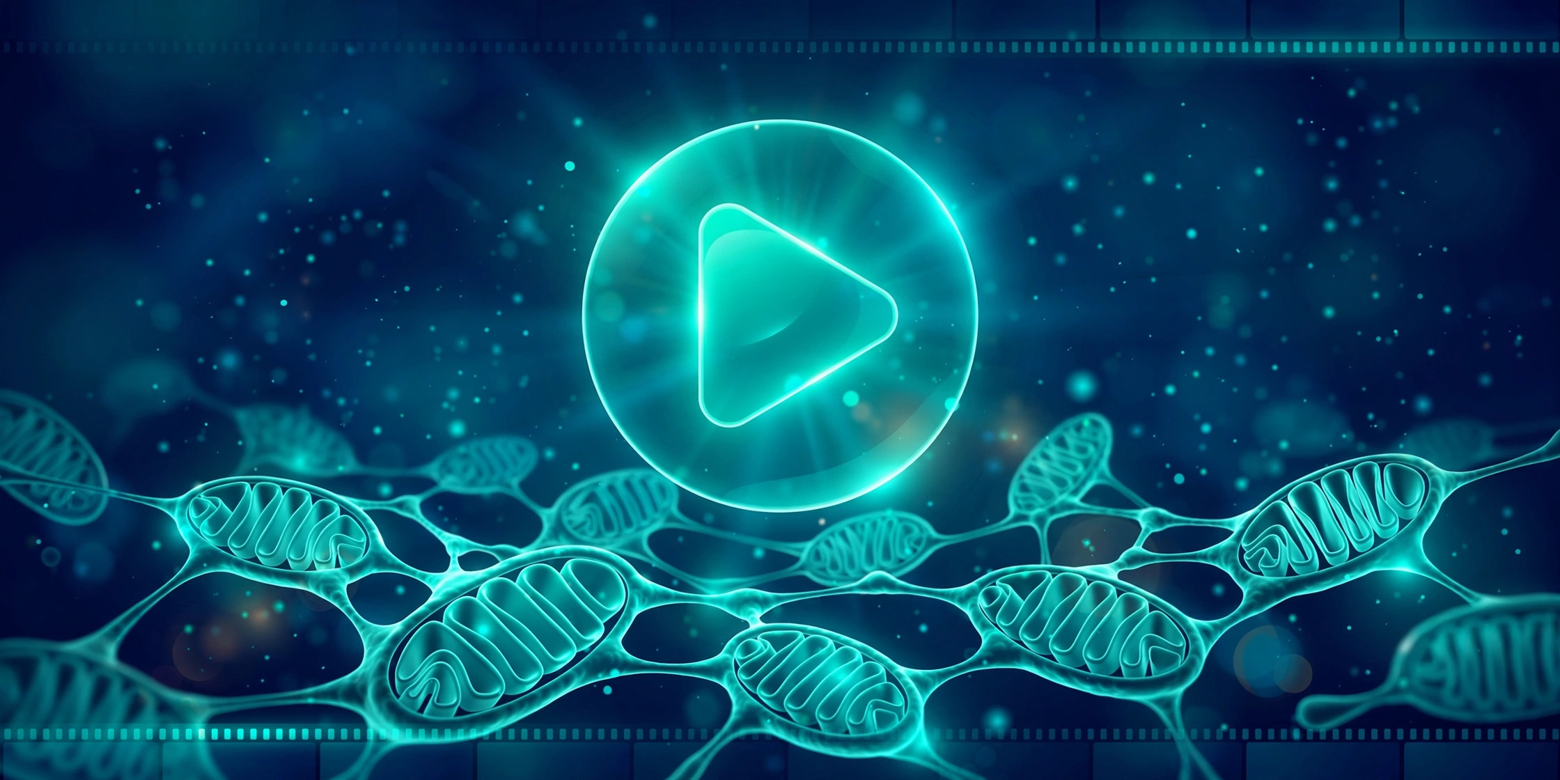 Illustration of a video play button over a glowing mitochondrial network in teal and navy