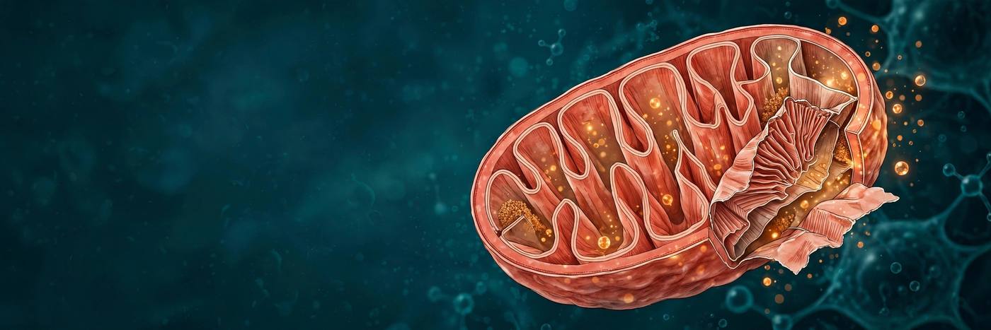 Editorial cutaway illustration of a mitochondrion and its folded inner membrane