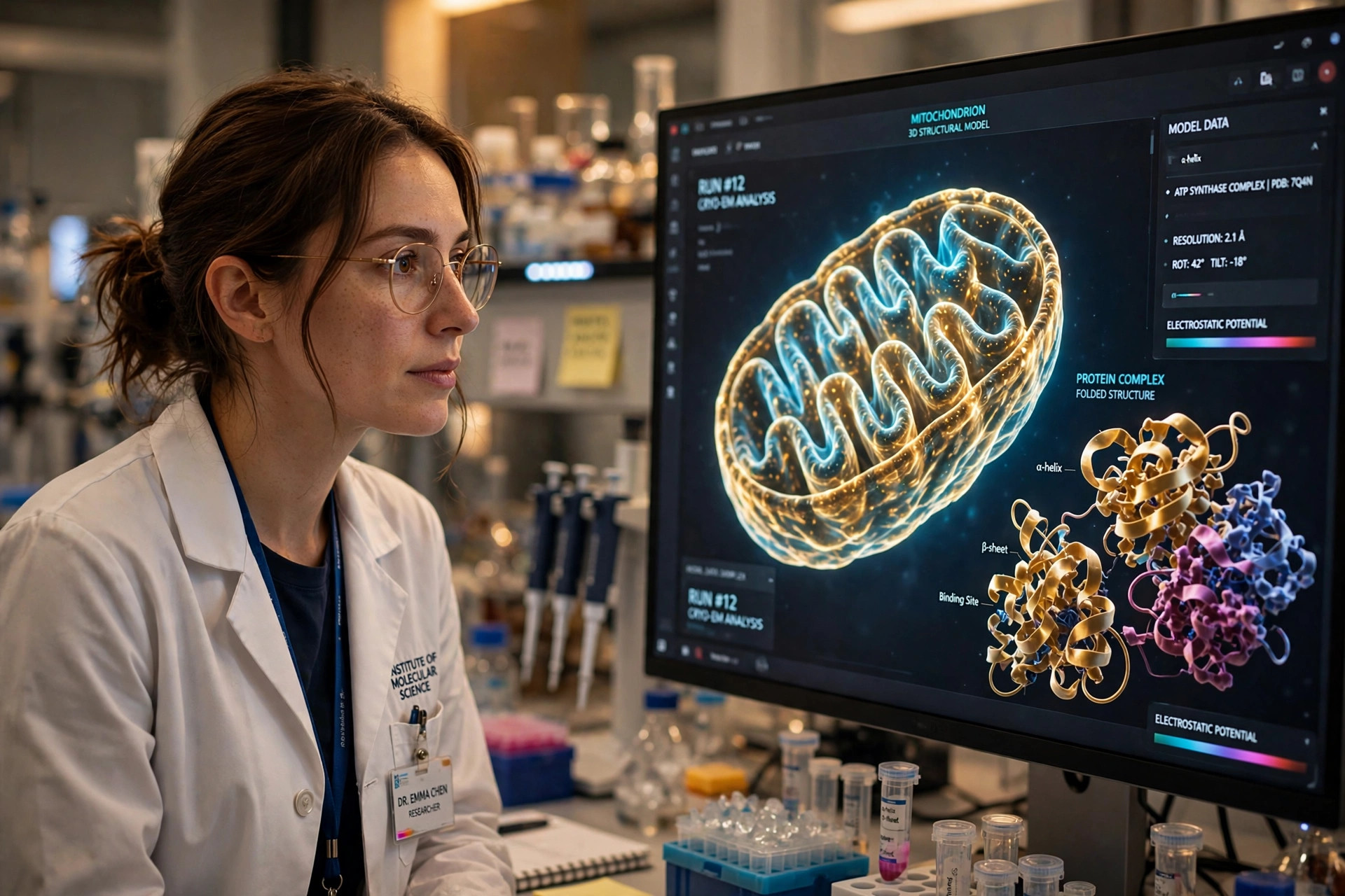 Editorial illustration of a researcher studying mitochondrial protein complex structures on a lab screen