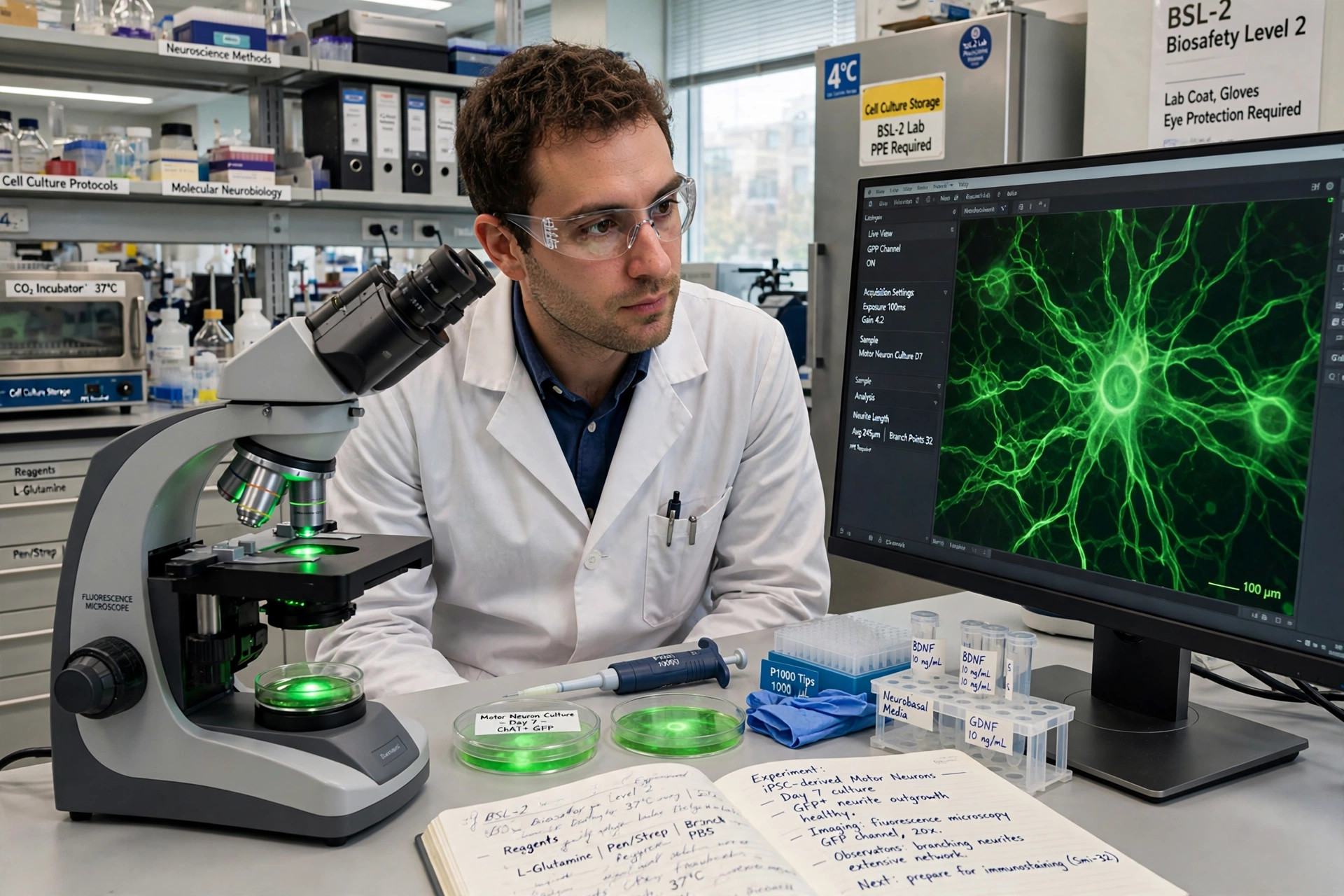 Editorial illustration of a neuroscience researcher studying motor neuron cell cultures