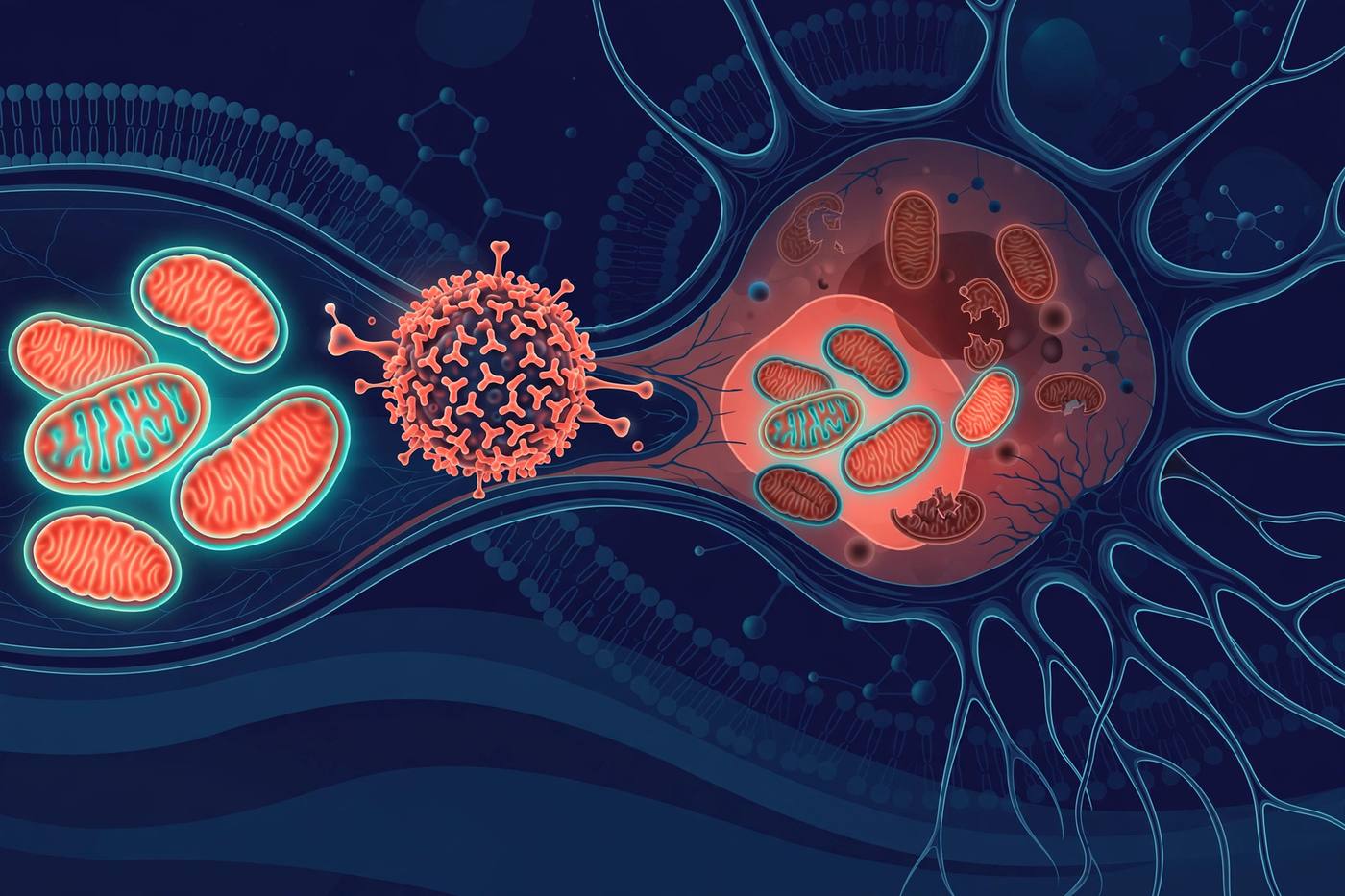 Illustration of healthy mitochondria being targeted toward a damaged nerve cell