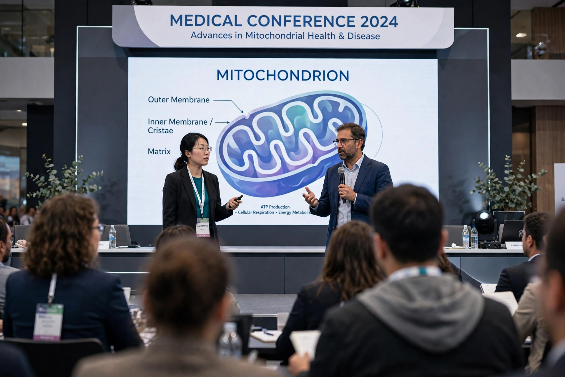 Editorial illustration of scientists presenting mitochondrial therapeutics research at a medical conference