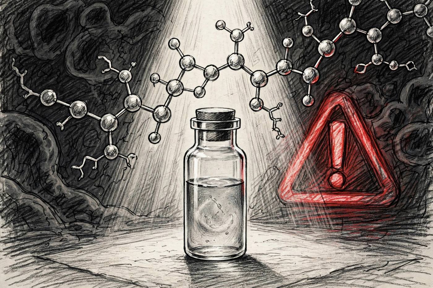 Investigative illustration of an unlabeled research vial beside a red caution symbol