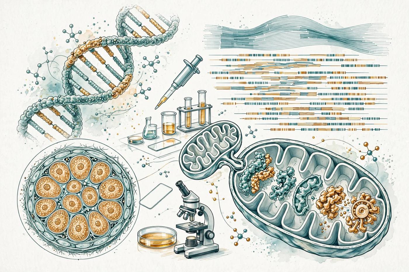 Scientific illustration combining mitochondrial DNA sequencing, muscle tissue and laboratory analysis