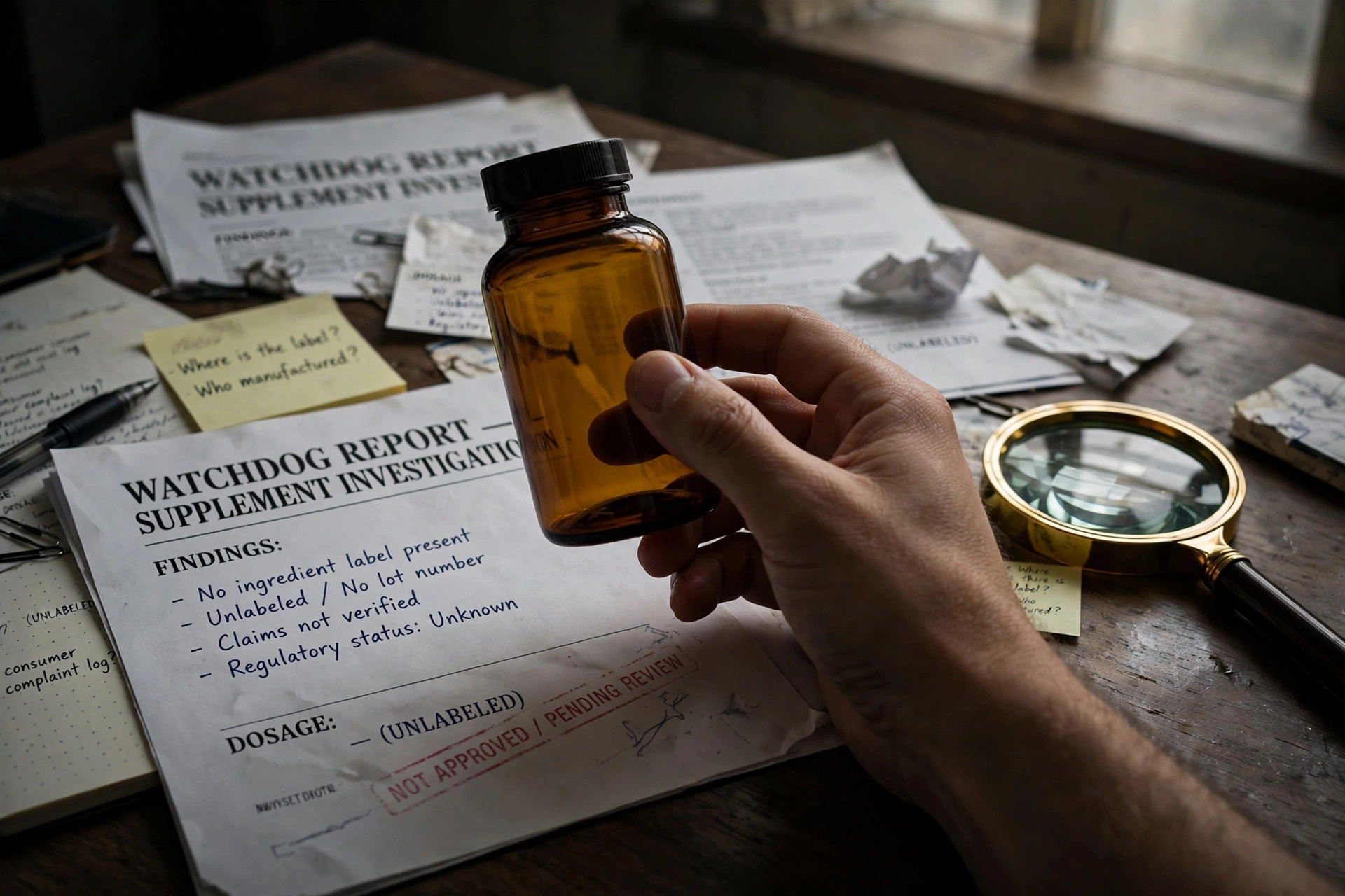 Editorial investigative illustration of a supplement bottle beside a magnifying glass