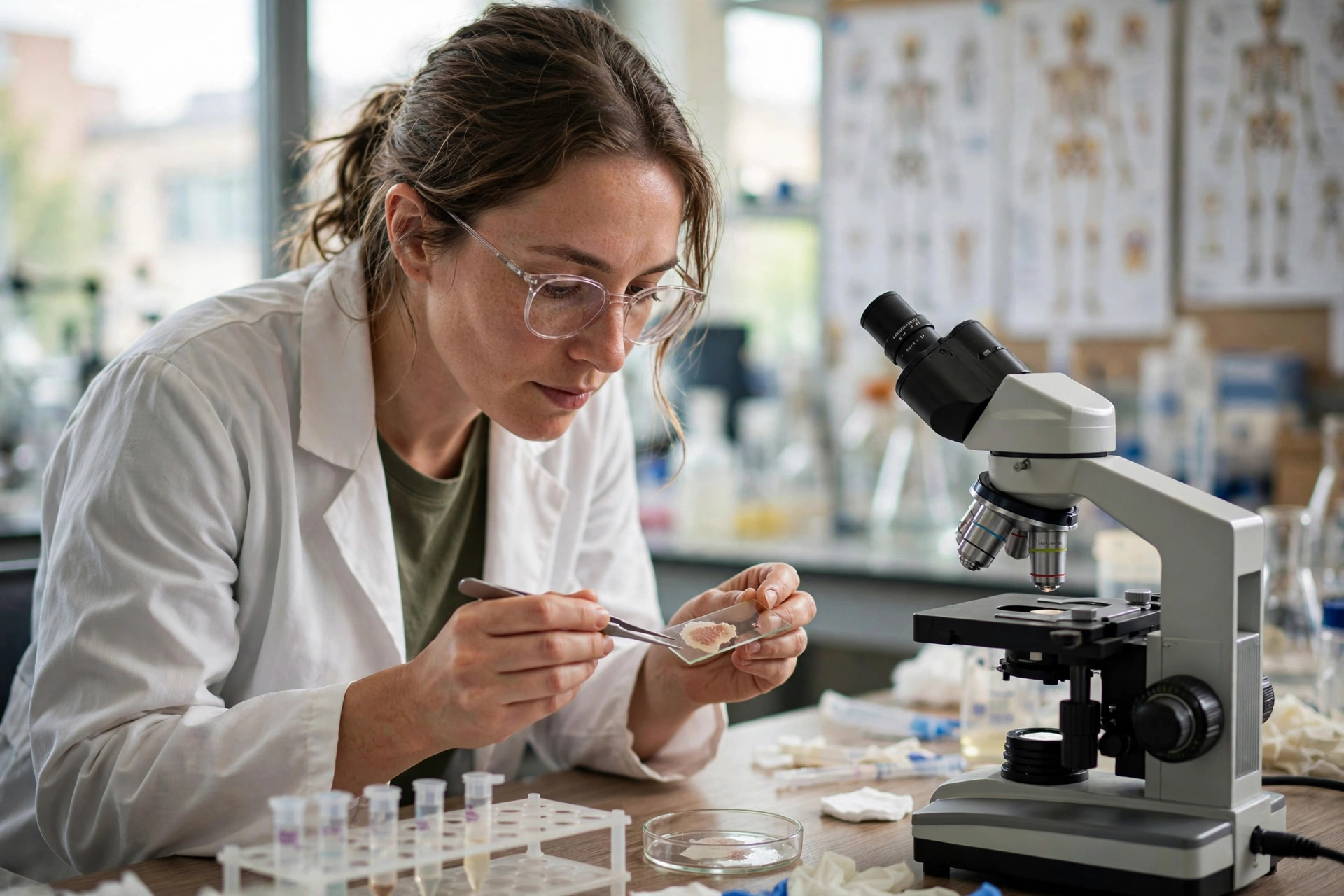 A researcher in a bright university laboratory examining bone marrow stem cell samples beside a microscope, skeletal research charts softly out of focus behind (illustrative image)