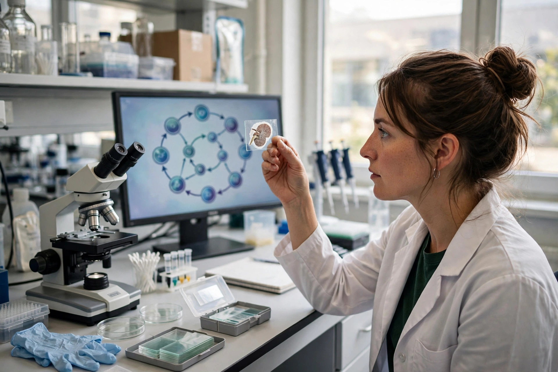 An immunology researcher in a bright laboratory holding a kidney tissue sample slide up to the light beside a microscope, a monitor behind showing abstract metabolic cycle diagrams (illustrative image)