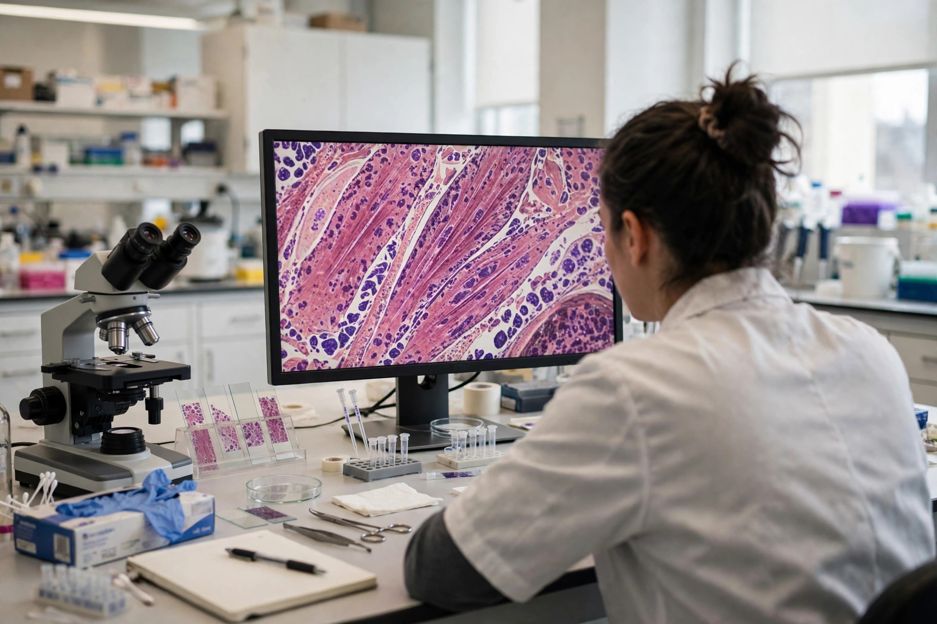 A cardiology researcher reviewing a magnified heart-muscle tissue image on a monitor in a bright laboratory, seen from behind (illustrative image)