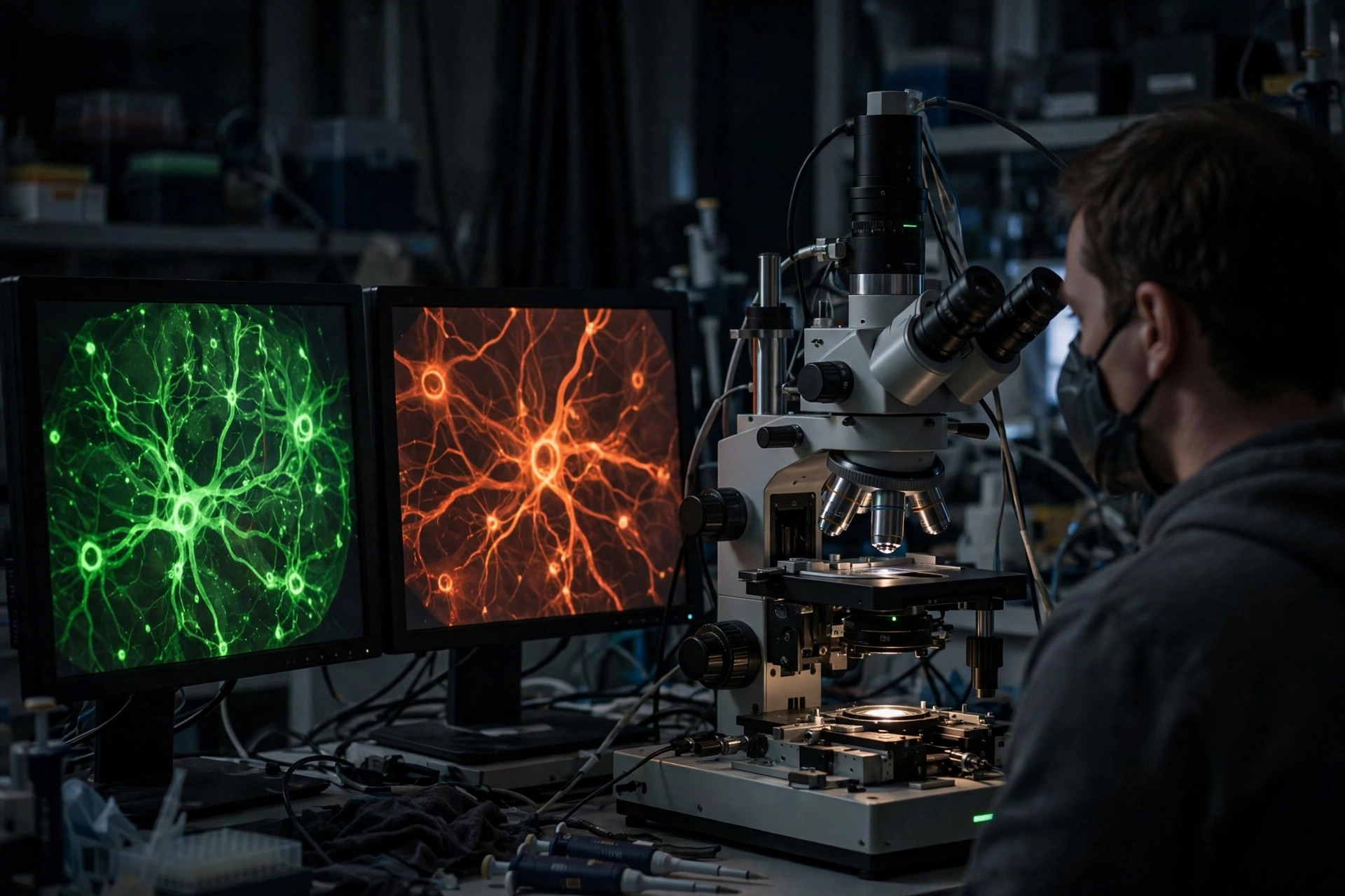 A researcher in a dim neuroscience imaging laboratory looking at glowing brain-tissue images on monitors beside a two-photon microscope (illustrative image)