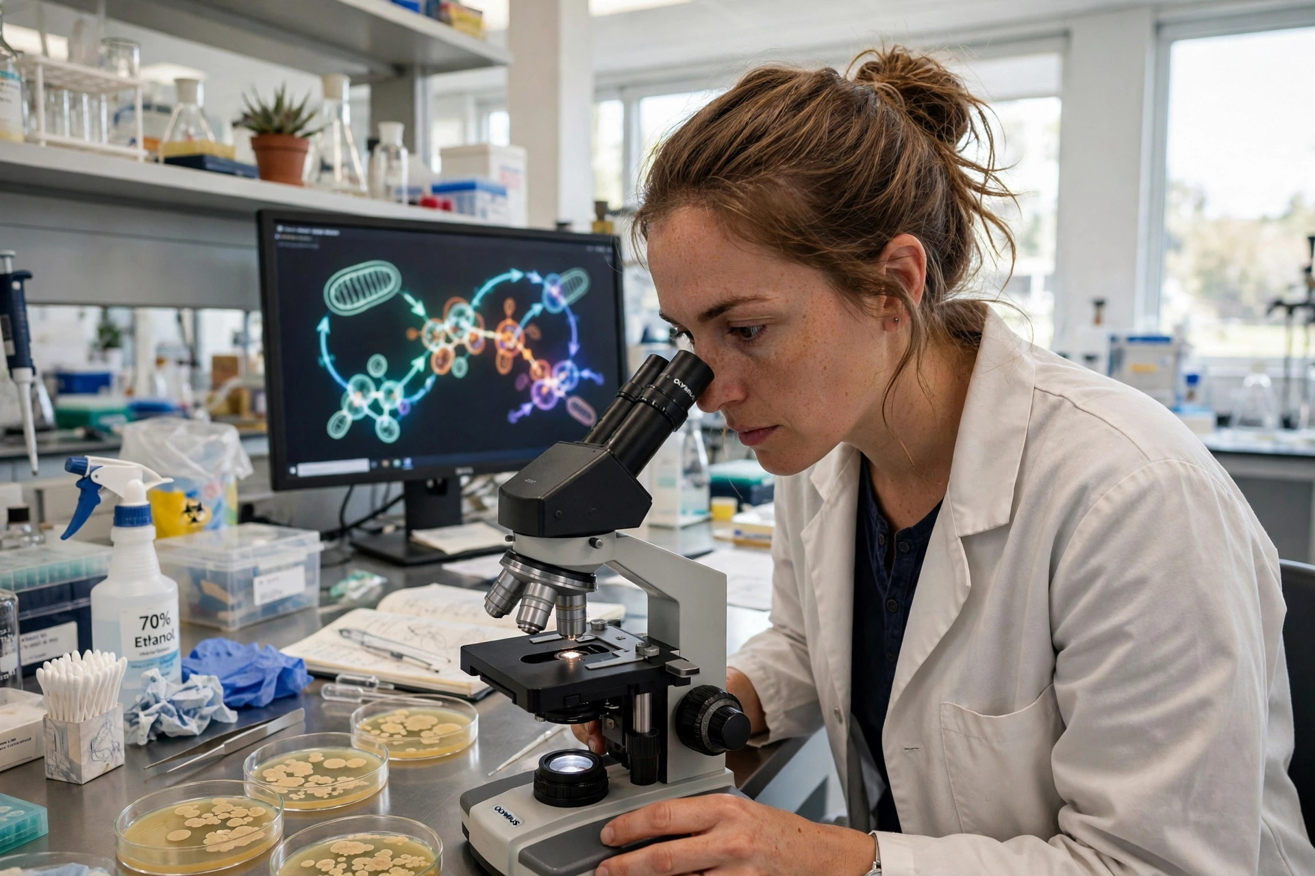 A microbiologist in a bright laboratory looking through a microscope at yeast cell cultures in petri dishes, a monitor behind showing a glowing respiratory chain diagram (illustrative image)