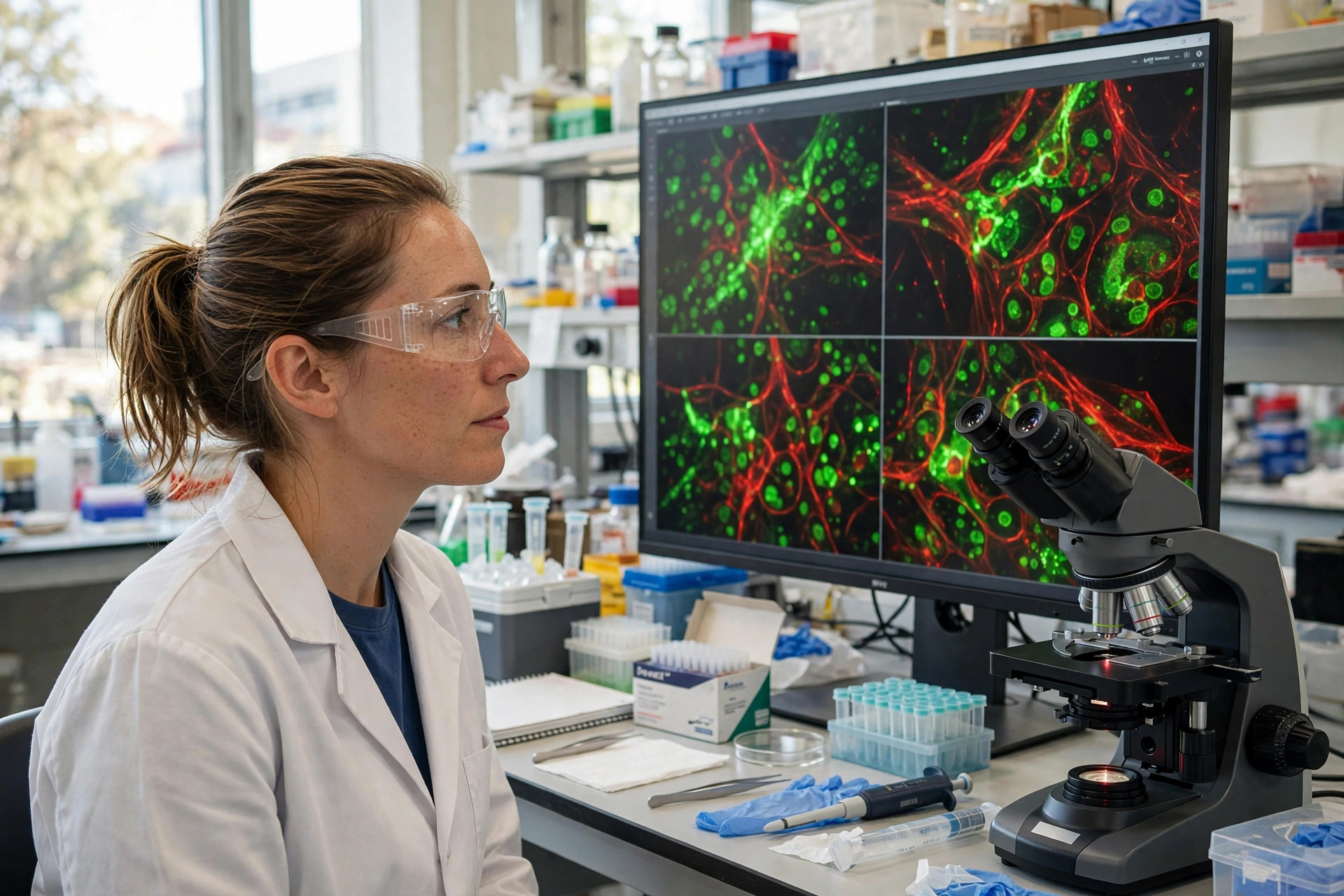 A scientist in a bright cell-biology laboratory looking at a large monitor filled with fluorescent microscopy images of cells, beside a confocal microscope (illustrative image)