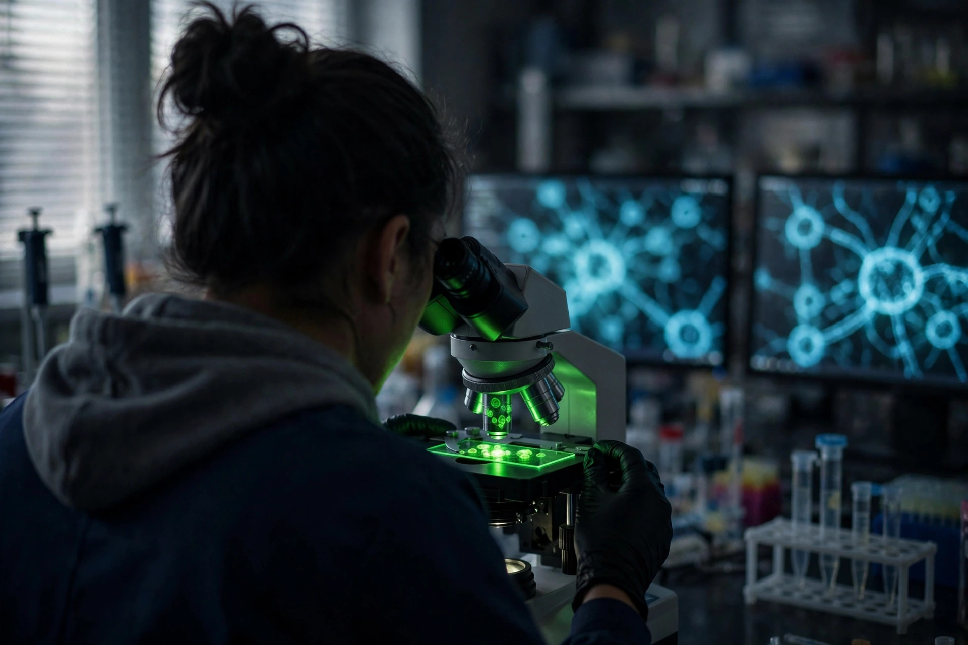 A cancer researcher in a dark laboratory examining glowing tumor cells under a fluorescence microscope, monitors showing mitochondrial networks softly out of focus behind (illustrative image)