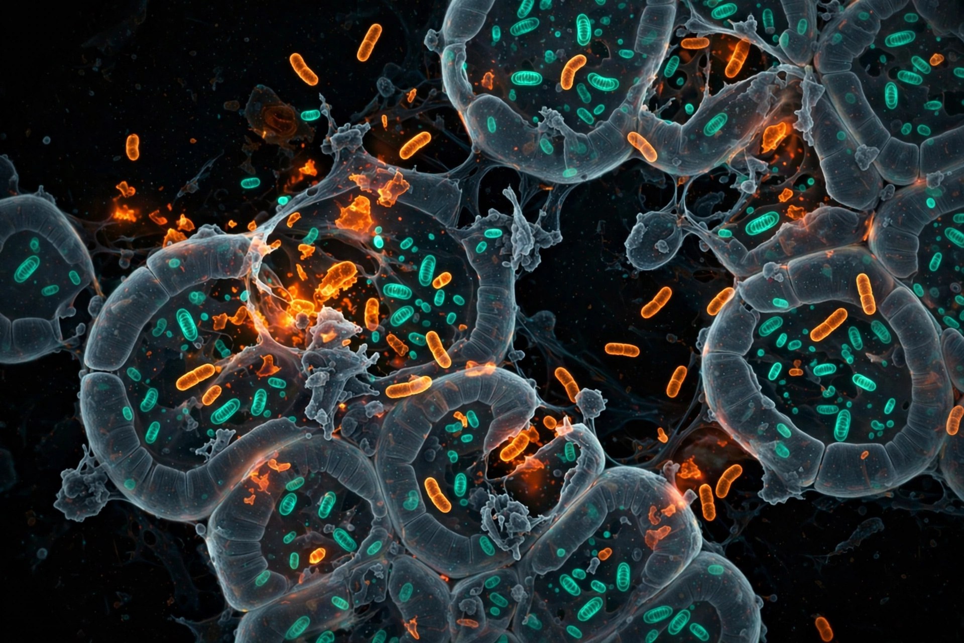 Microscopy-style image of rod-shaped bacteria among cells with glowing orange and teal mitochondria showing membrane damage; illustrative only.