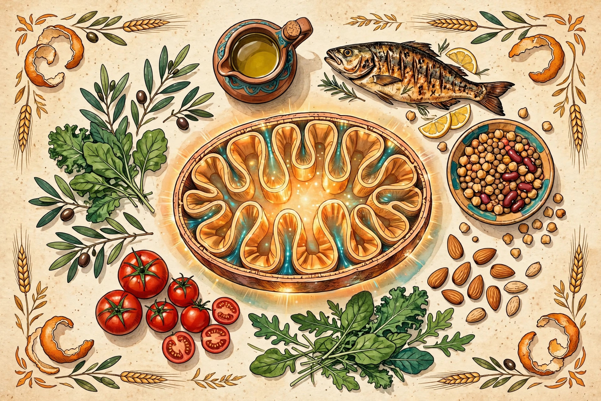 Custom illustration of a Mediterranean spread arranged around a glowing mitochondrion cross-section