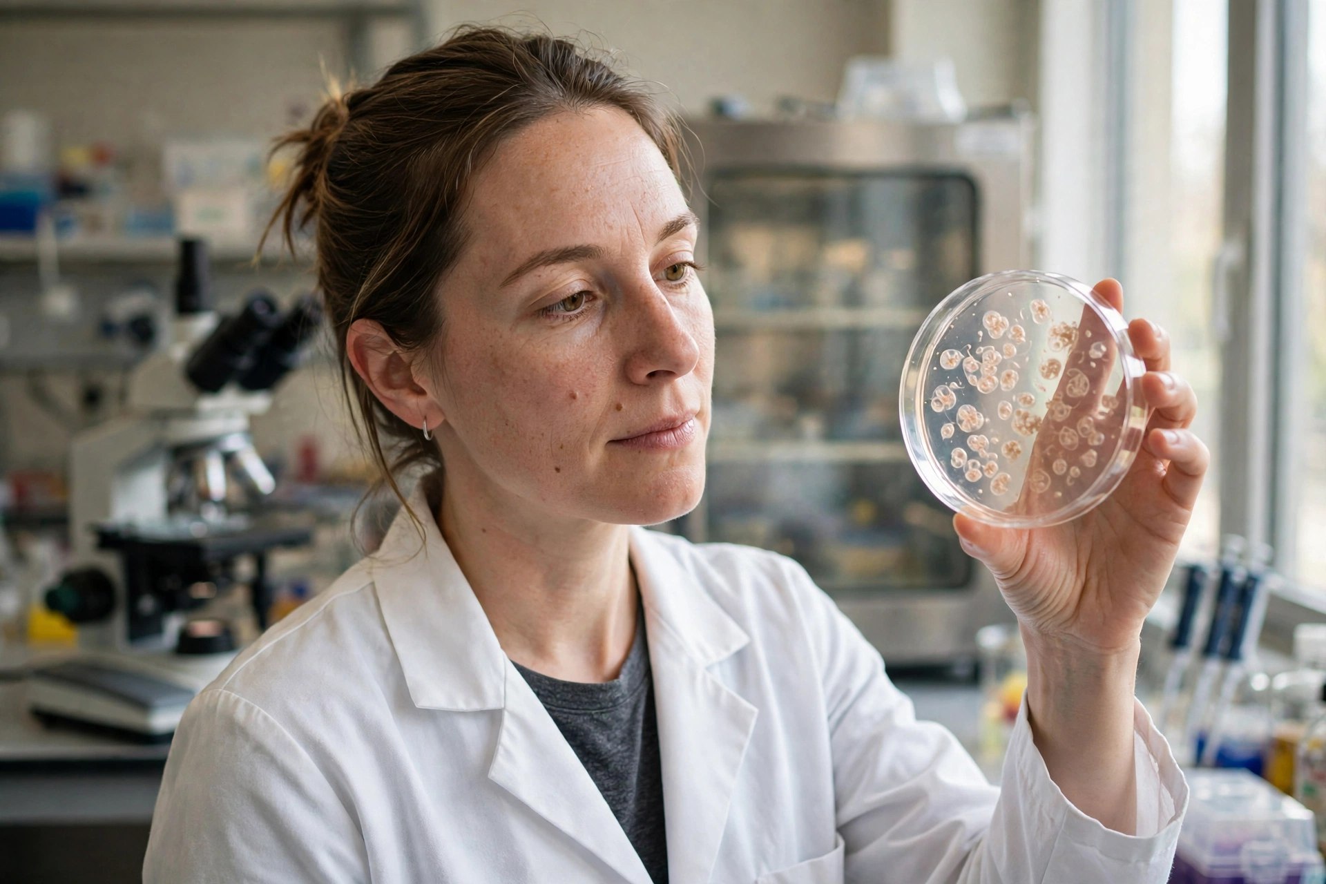A neuroscientist in a bright university laboratory holding a clear culture dish up to the light, microscope and incubator softly out of focus behind (illustrative image)