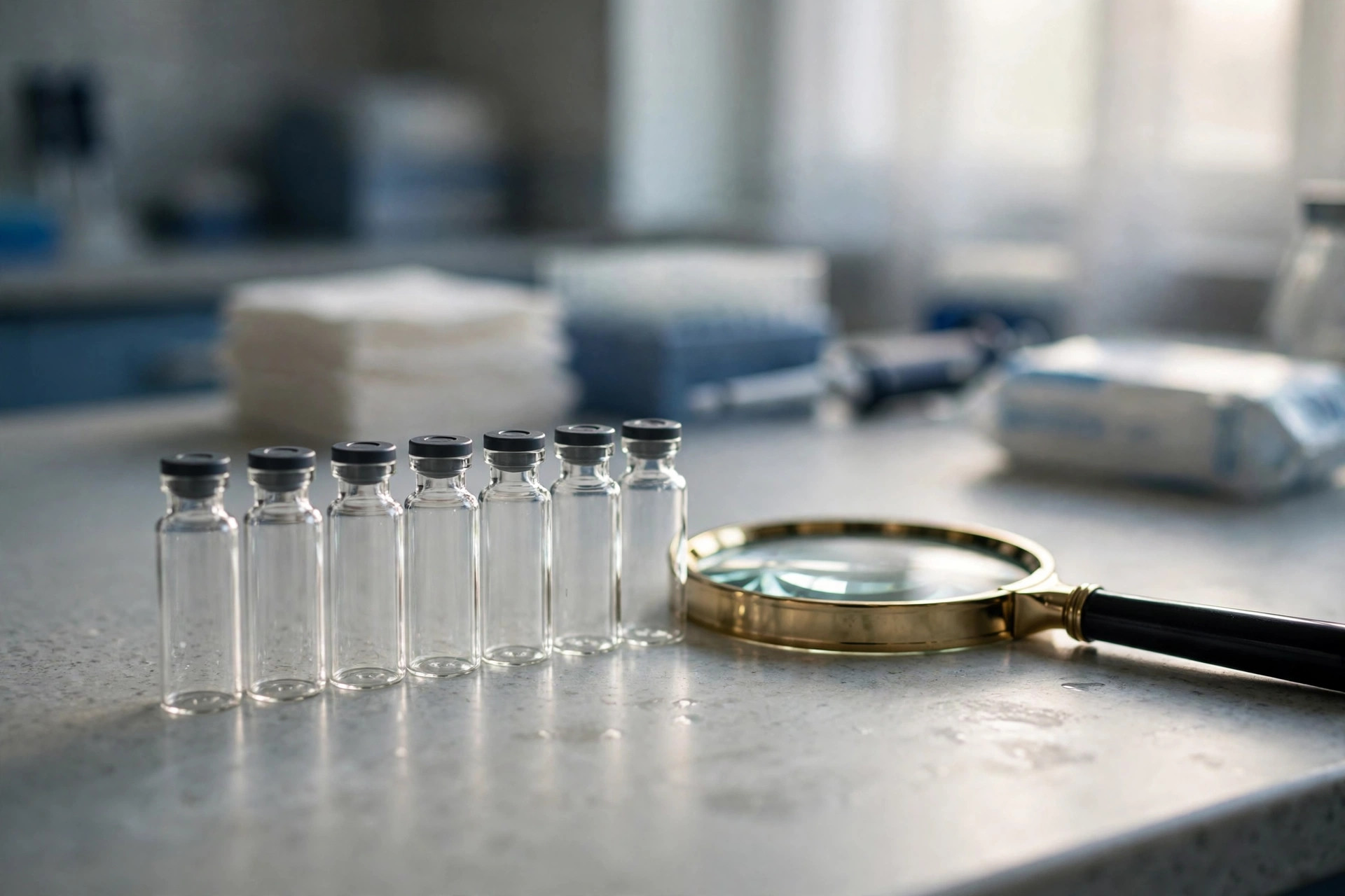 Unlabeled peptide vials beside a magnifying glass on a laboratory bench (illustrative image)