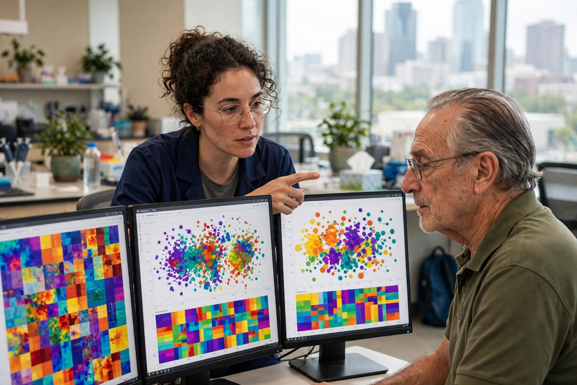 A neuroscientist reviewing metabolomics charts on monitors beside an older adult volunteer in a bright brain-health research center (illustrative image)