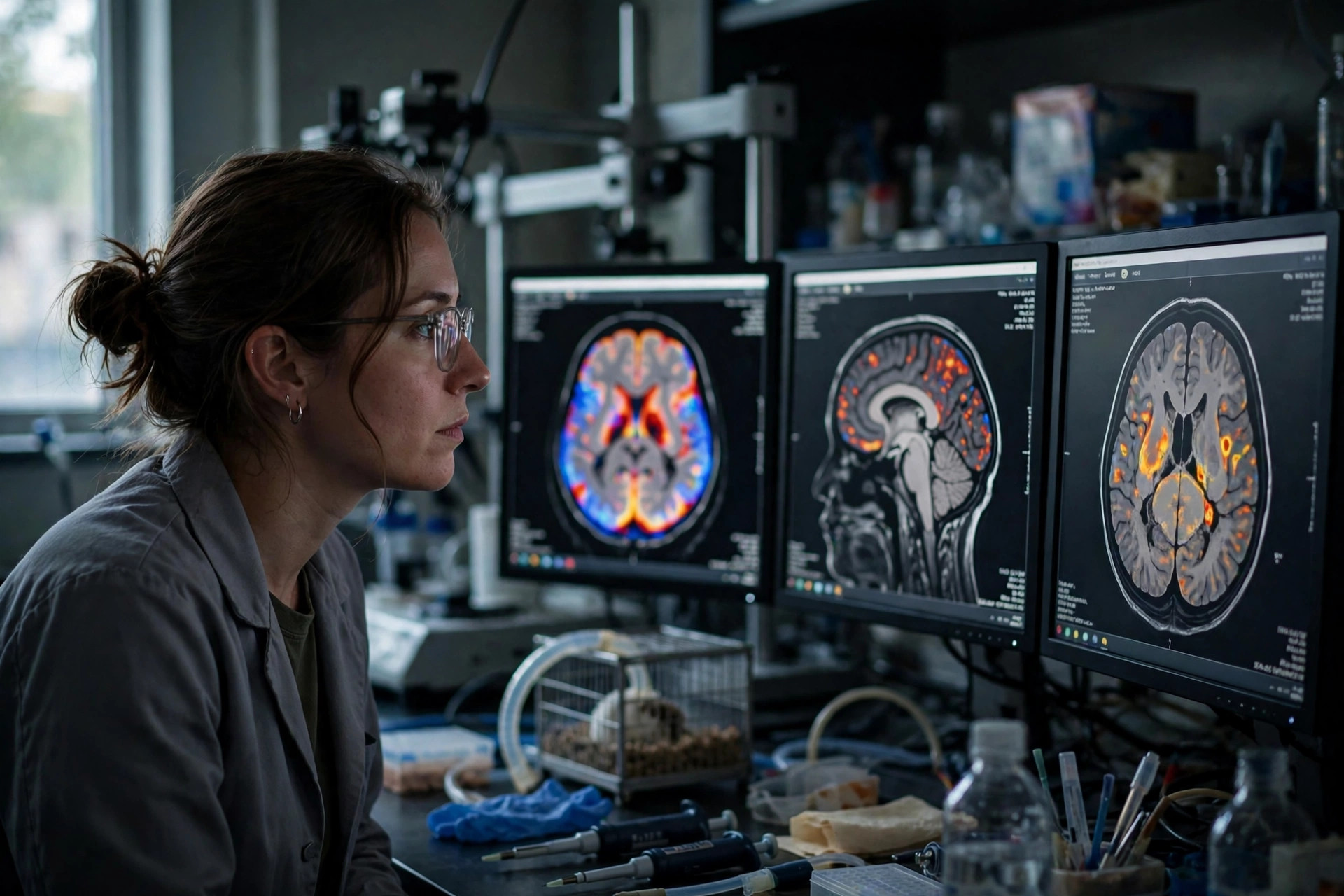 A neuroscience researcher in a dim imaging laboratory looking at brain metabolism scans on monitors, research equipment softly out of focus behind (illustrative image)