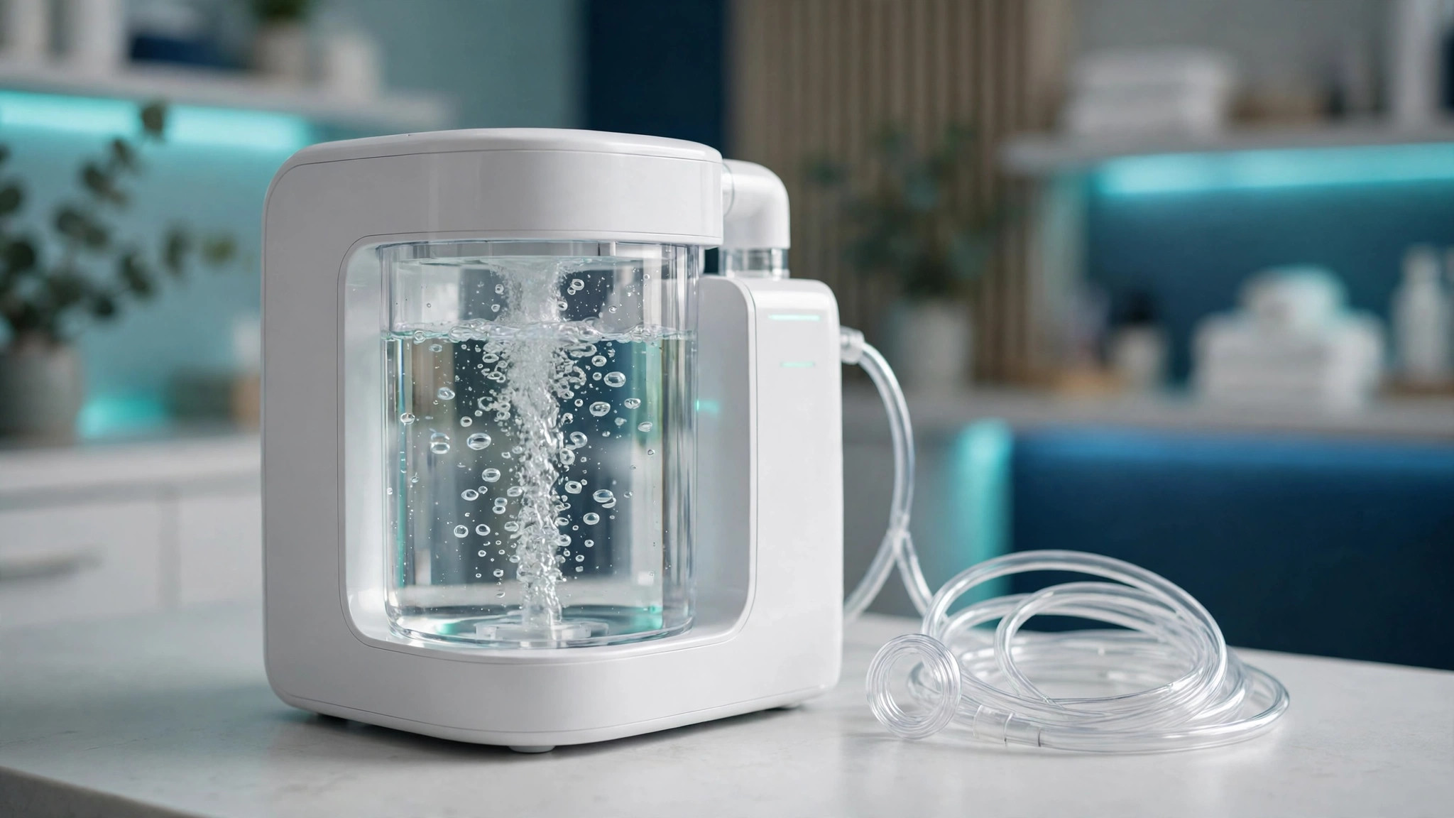 A desktop hydrogen-oxygen (Brown's gas) inhalation machine with a bubbling electrolysis water chamber and a coiled nasal cannula on a clinic counter (illustrative photo)
