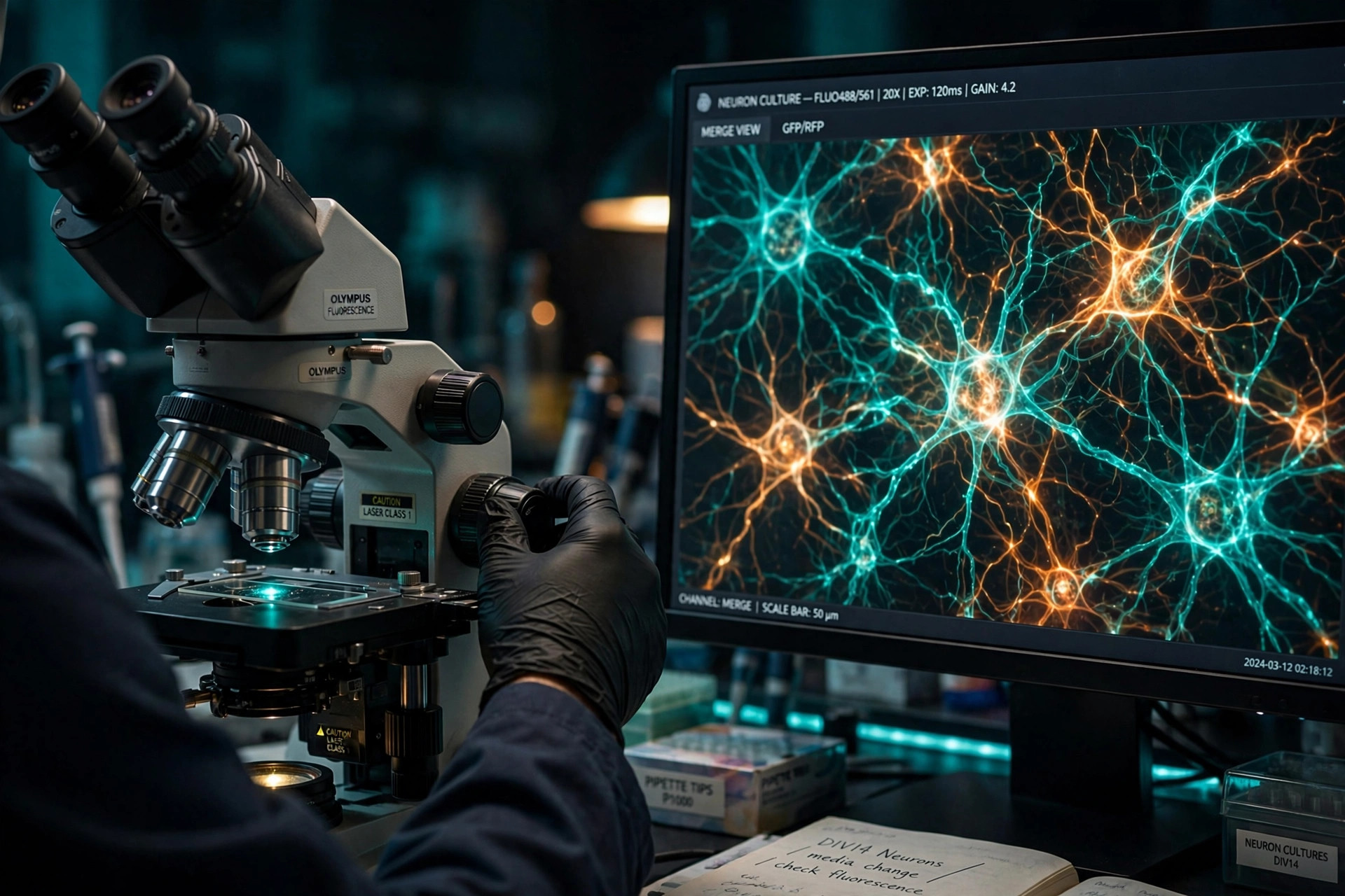 A neuroscience researcher examining glowing neurons under a fluorescence microscope in a dark laboratory (illustrative image)