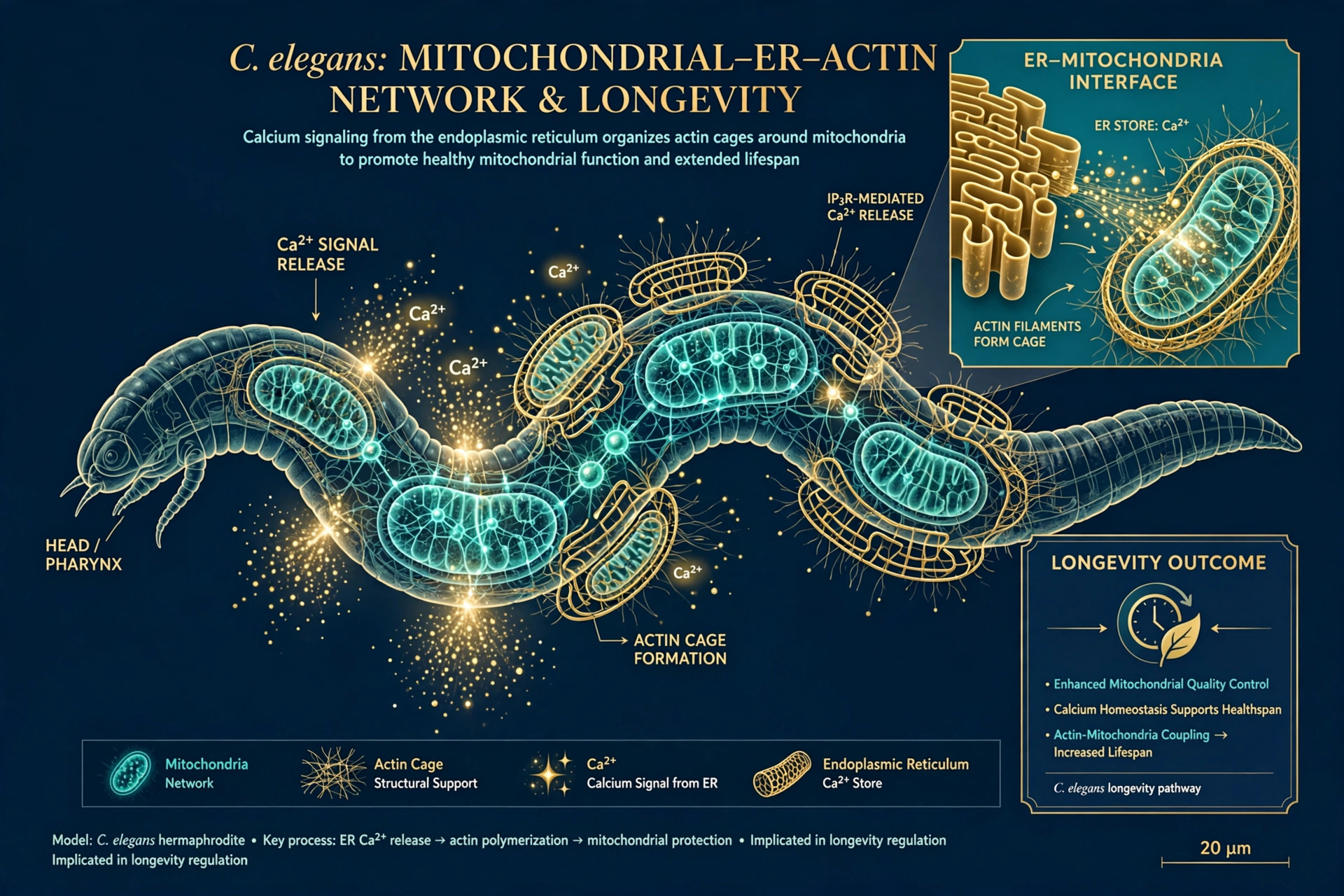 Editorial illustration of a C. elegans worm with a glowing mitochondrial network, ER calcium signals forming actin cage structures around mitochondria