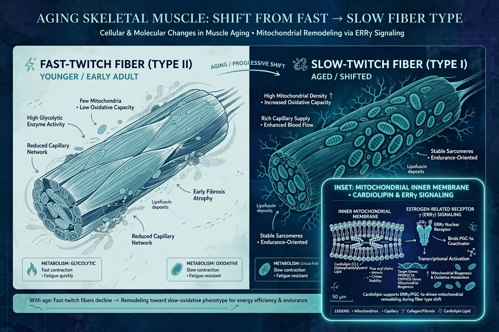 Editorial illustration of aging skeletal muscle fibers shifting from fast to slow type, with a glowing inset of the mitochondrial cardiolipin bilayer and ERRγ signaling