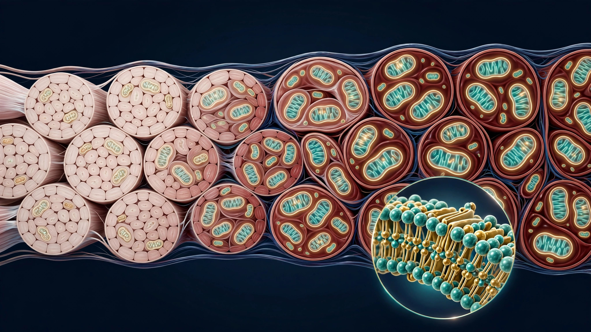 Editorial illustration of aging muscle fibers shifting to mitochondria-rich slow-twitch fibers, with a cardiolipin membrane inset