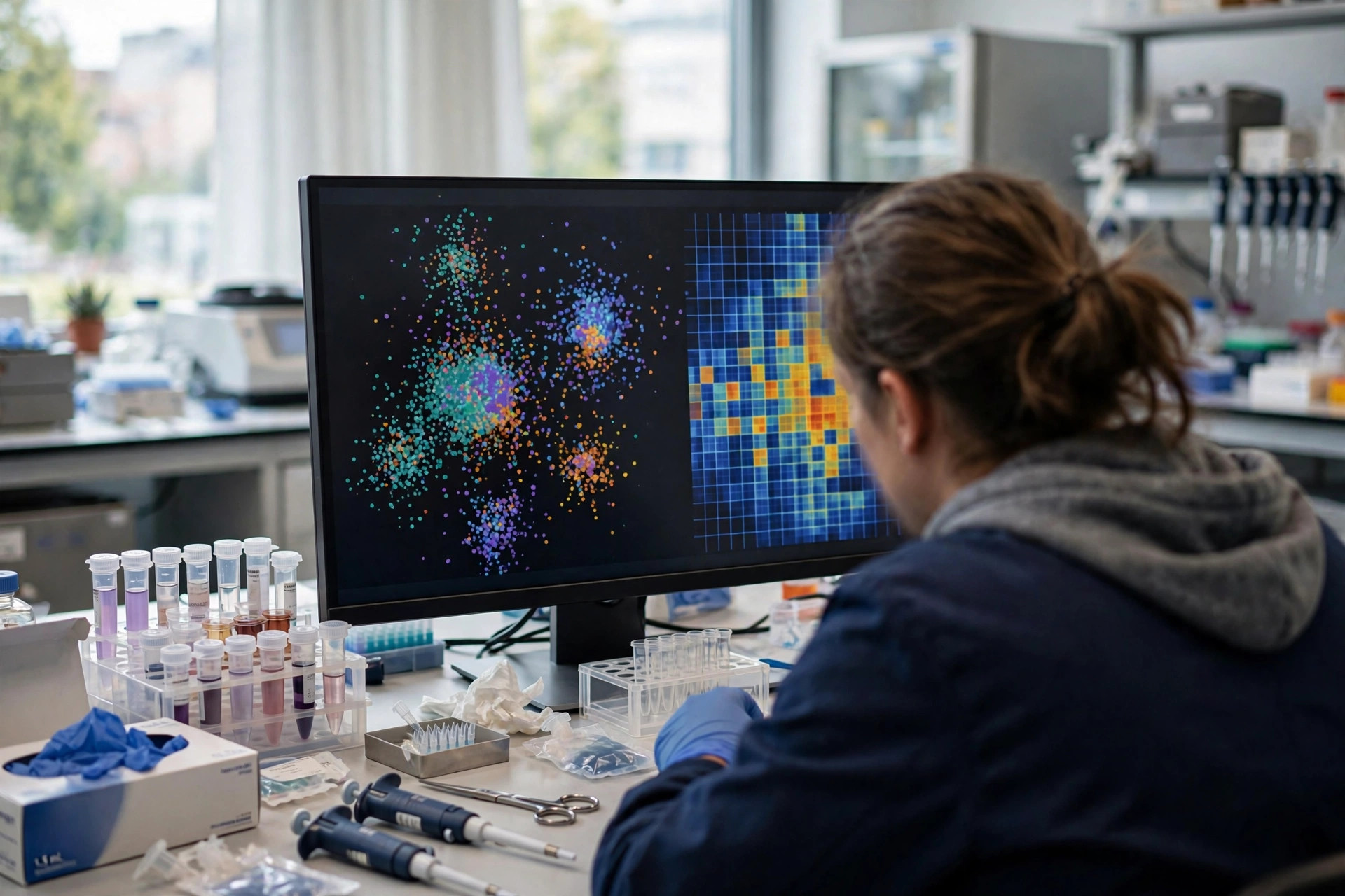 A researcher in a bright genomics laboratory reviewing single-cell sequencing results on a large monitor beside sample tubes (illustrative image)