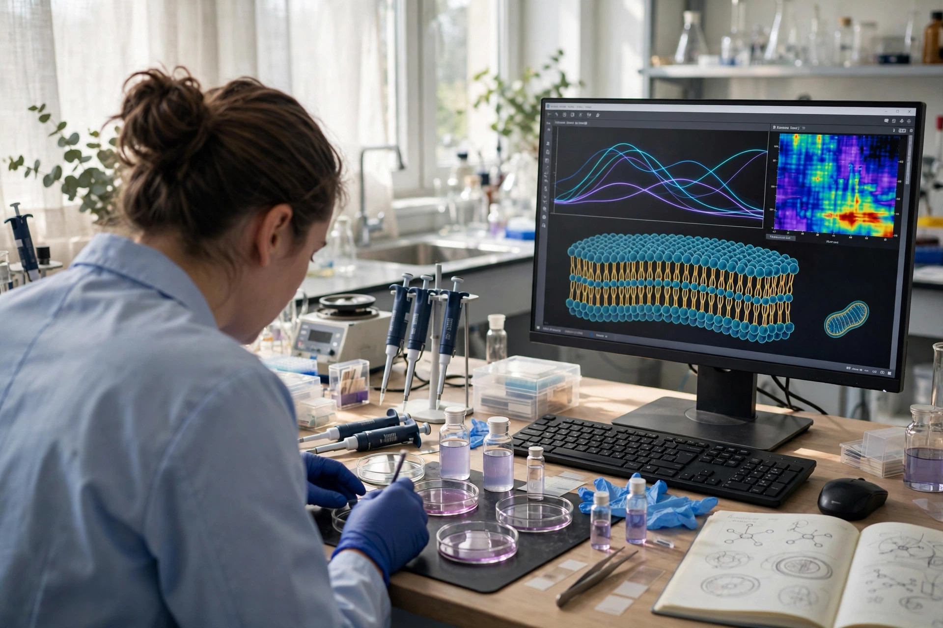 A researcher in a bright biochemistry laboratory examining model membrane samples and fluorescence readouts on a monitor (illustrative image)