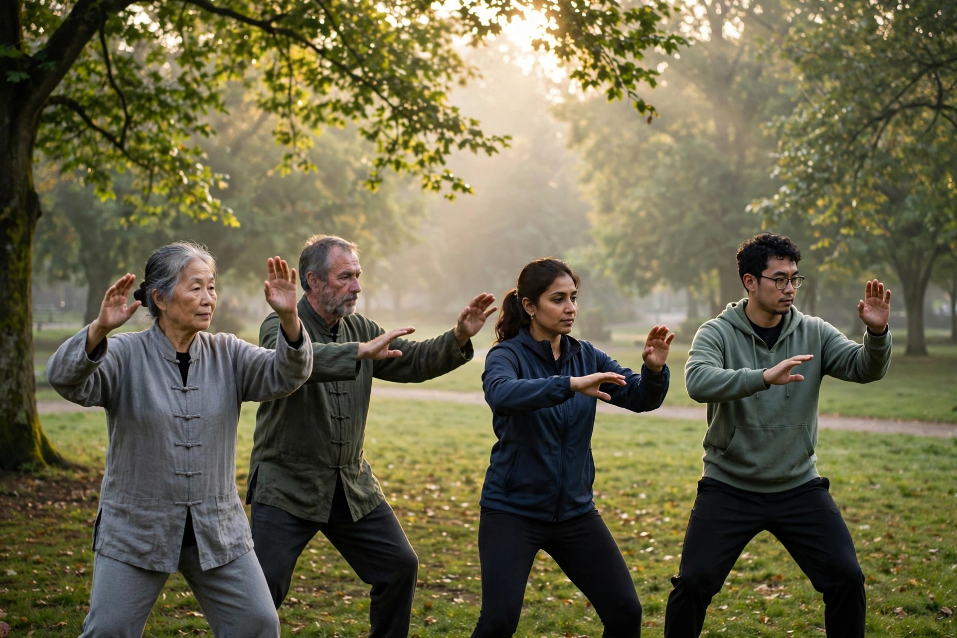 Illustrative photo: a small group of adults practicing tai chi at dawn in a misty green park with soft golden morning light — illustrative only, not real patients or experts.