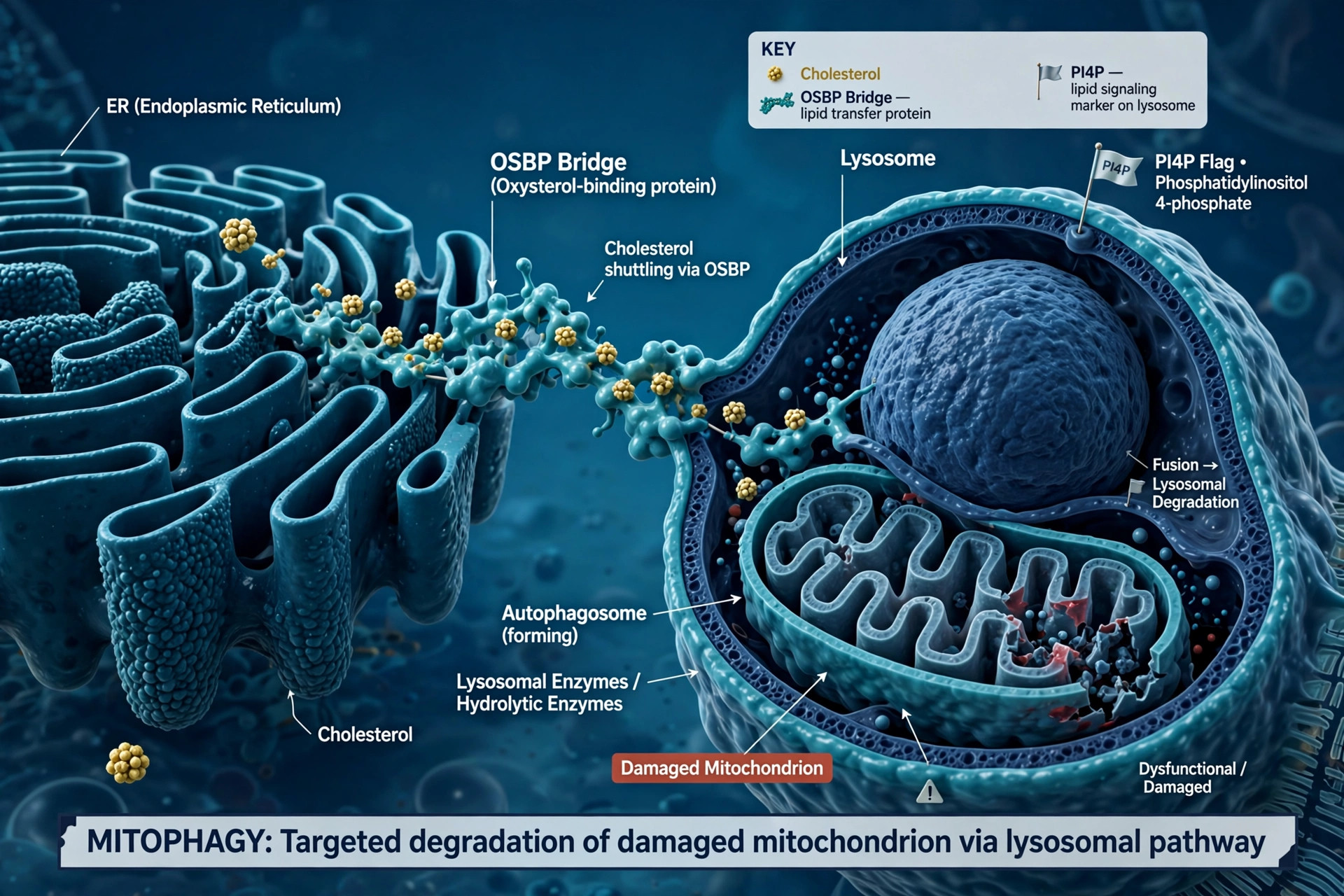 Editorial 3D illustration of mitophagy: a damaged mitochondrion engulfed by a lysosome, cholesterol shuttling from the ER via an OSBP bridge, PI4P flag on the lysosome surface