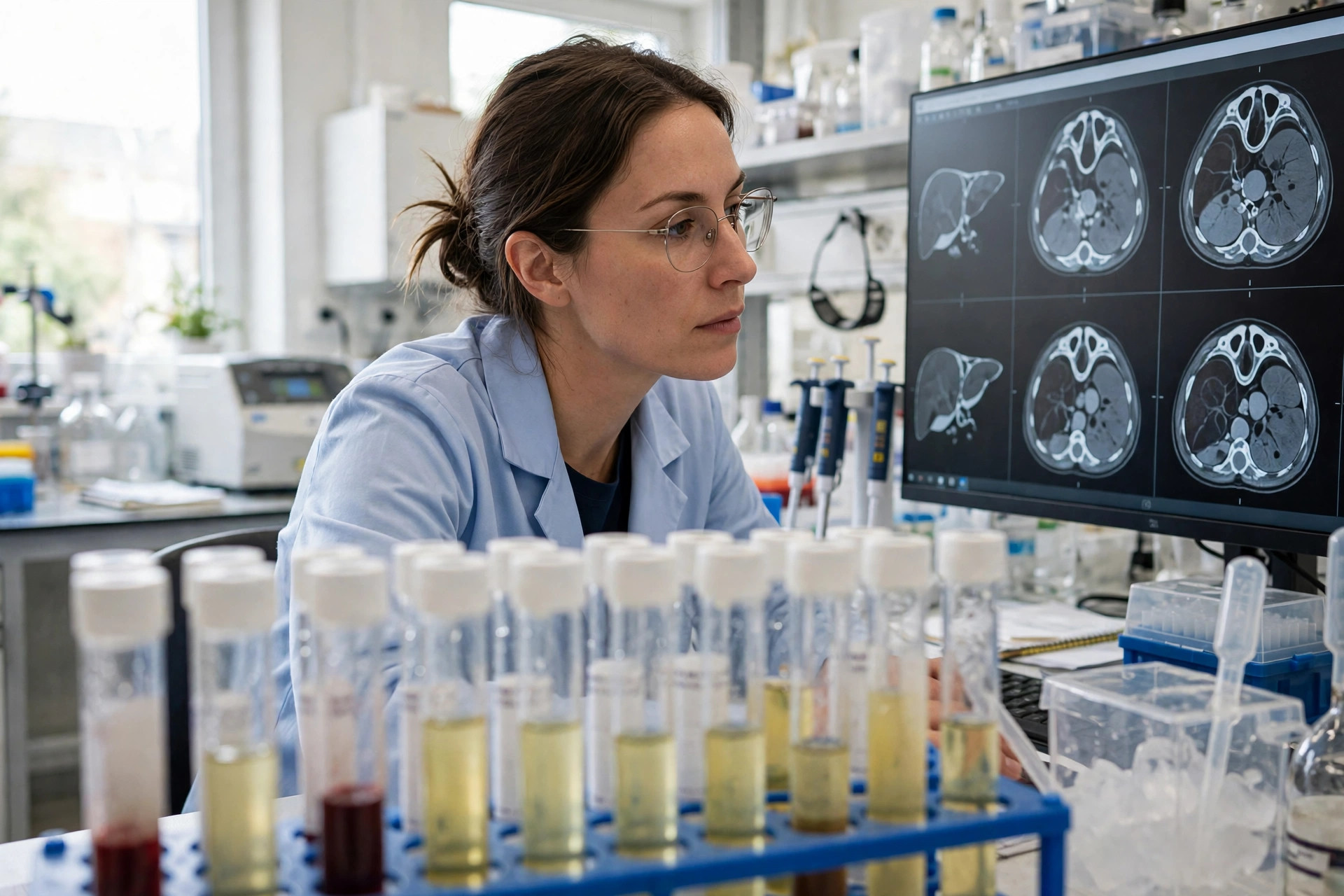A hepatology researcher in a bright laboratory reviewing liver scan images on a large monitor, sample tubes in a rack in the foreground (illustrative image)