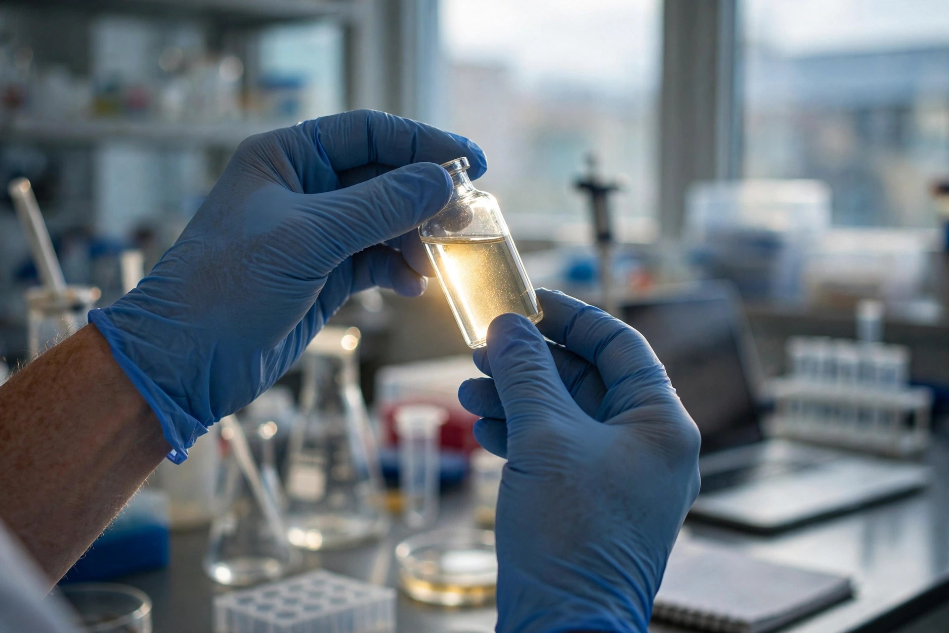 Gloved hands holding a small vial of golden liquid up to the light in a pharmaceutical laboratory (illustrative photo)