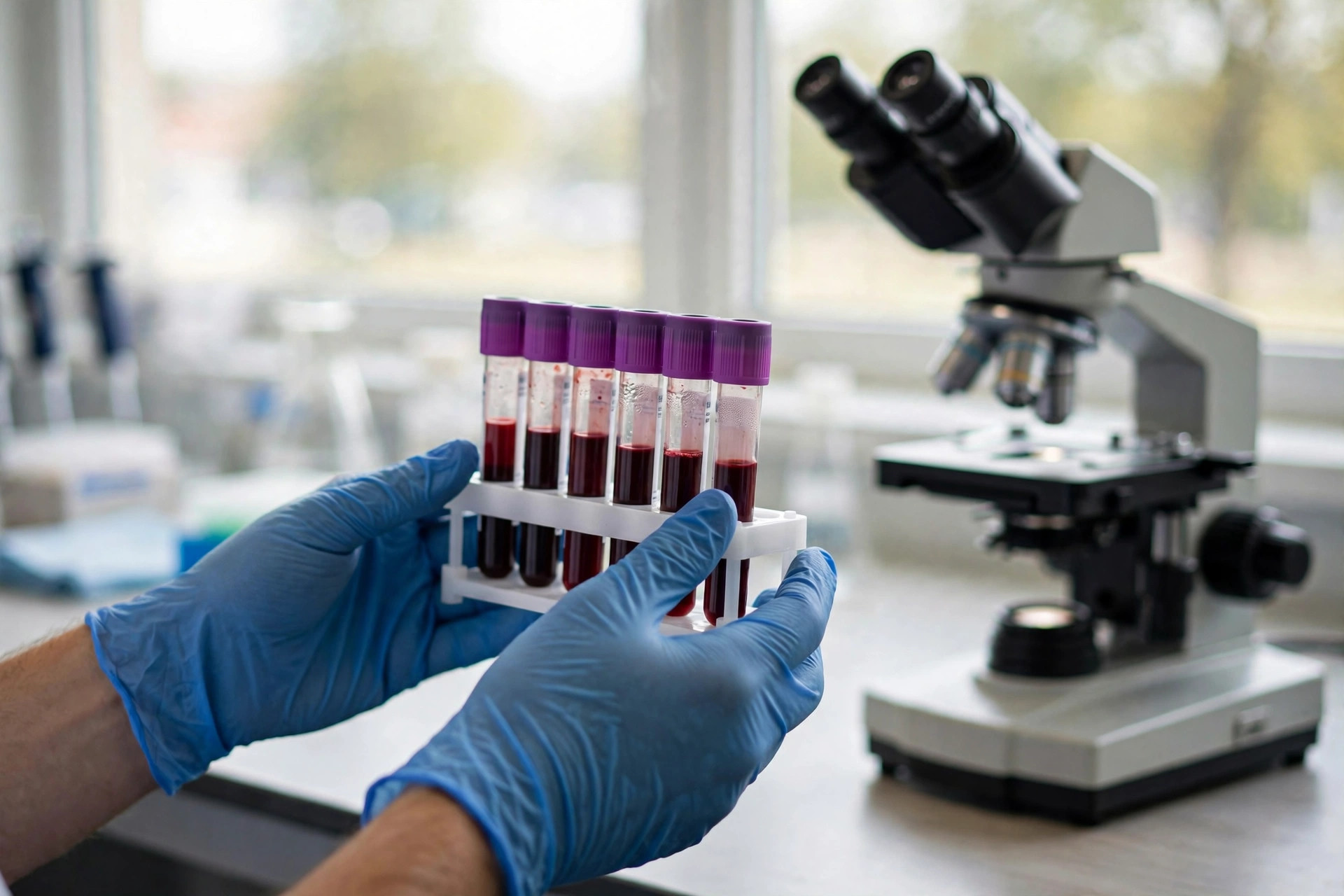A researcher's gloved hands holding a rack of blood sample tubes beside a microscope in a bright hematology laboratory (illustrative image)
