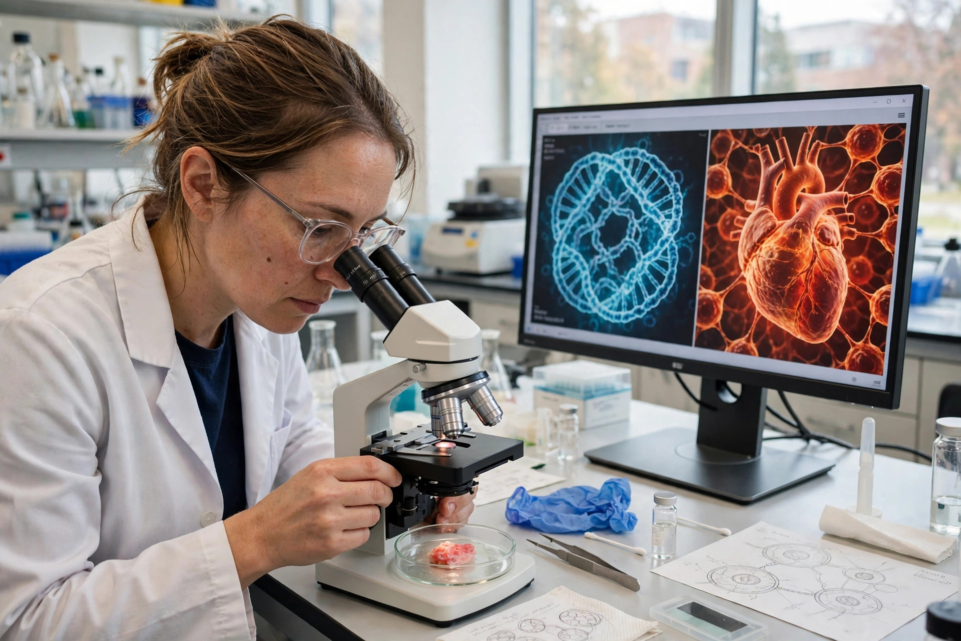 A cardiology researcher in a bright university laboratory examining a heart tissue sample, a monitor behind showing mitochondrial DNA strands (illustrative image)