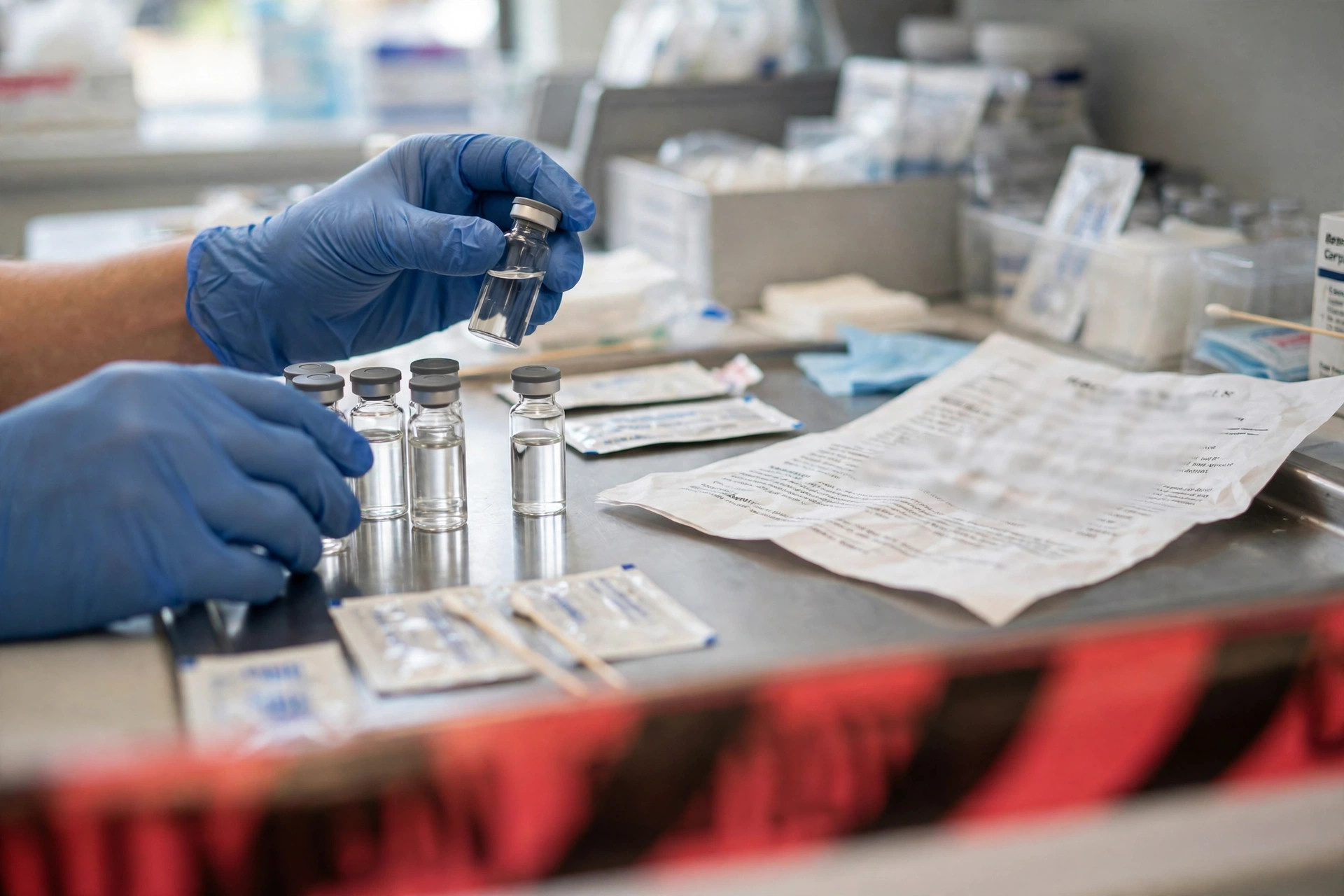 A pharmacist's gloved hands inspecting plain unlabeled compounded-medication vials beside a blurred recall notice sheet and red warning tape (illustrative image)