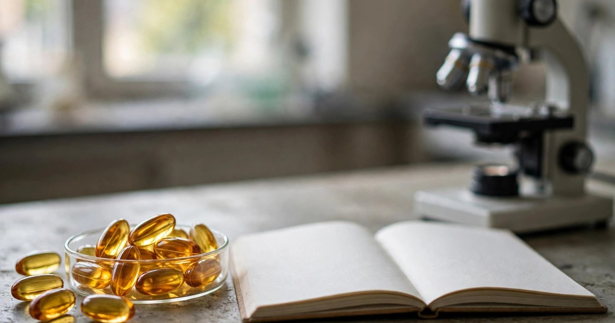 Illustrative photo: translucent amber-gold softgel capsules in a plain glass dish on a laboratory bench beside a blank research notebook and a microscope — CoQ10 is one of the most studied mitochondrial supplements, and one of the most narrowly proven.
