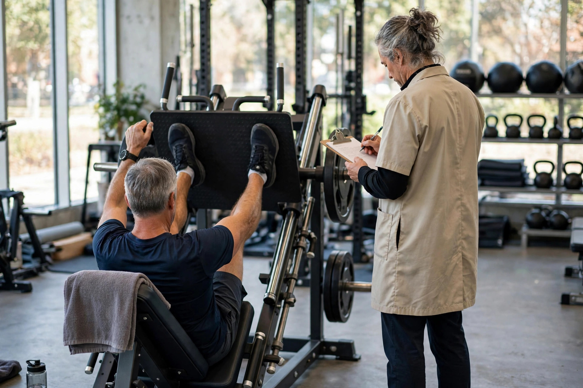 A fit adult in their late fifties using a leg press machine in a bright university gym while a researcher observes (illustrative image)