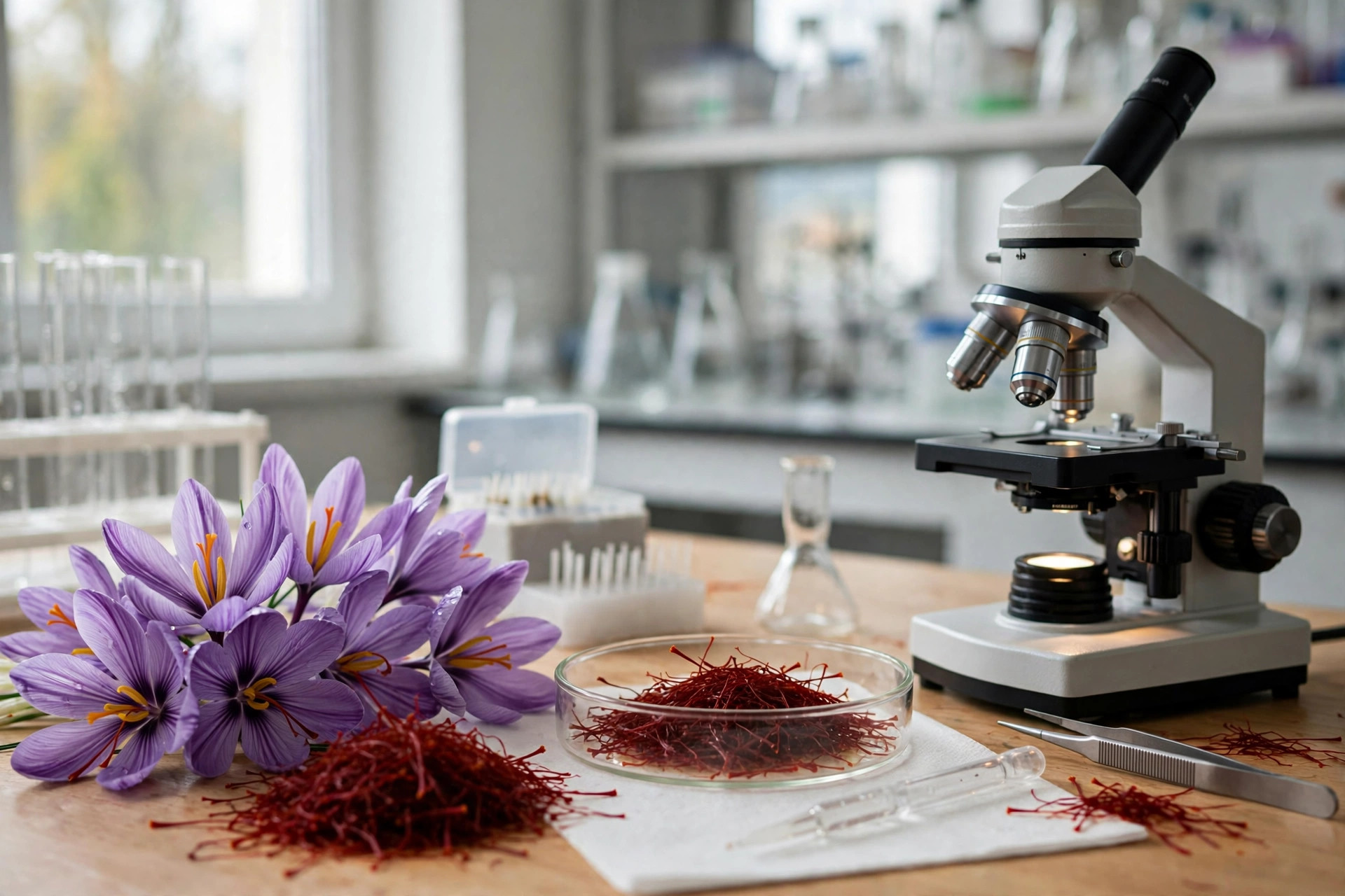 Saffron crocus flowers and deep red saffron threads on a laboratory bench beside a petri dish and microscope in a bright research laboratory (illustrative image)