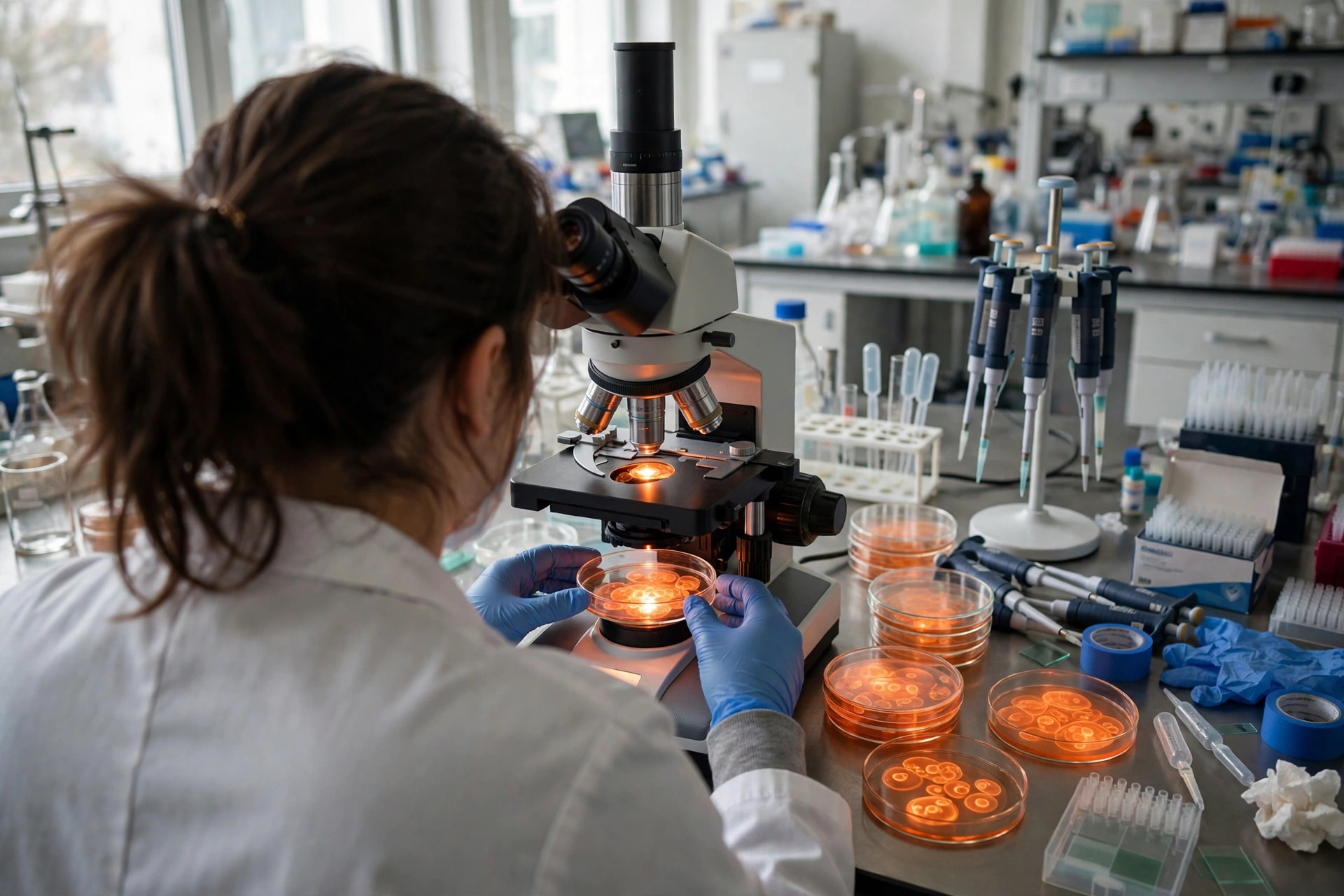 A cancer researcher in a bright laboratory examining copper-toned cell cultures under a fluorescence microscope, petri dishes on the bench (illustrative image)