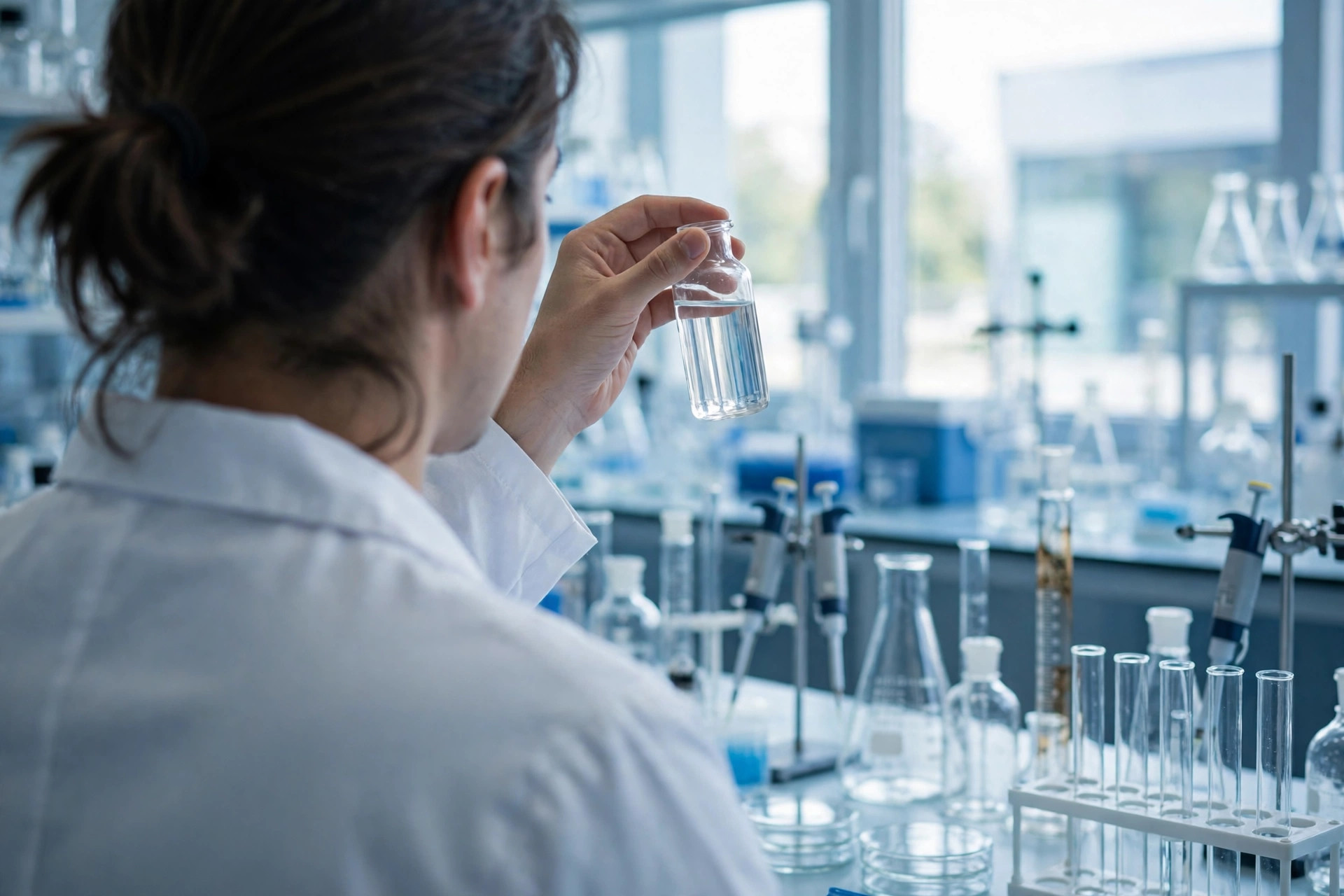 A scientist in a laboratory, seen from behind, holding a clear vial of water up to the light among glassware; illustrative only