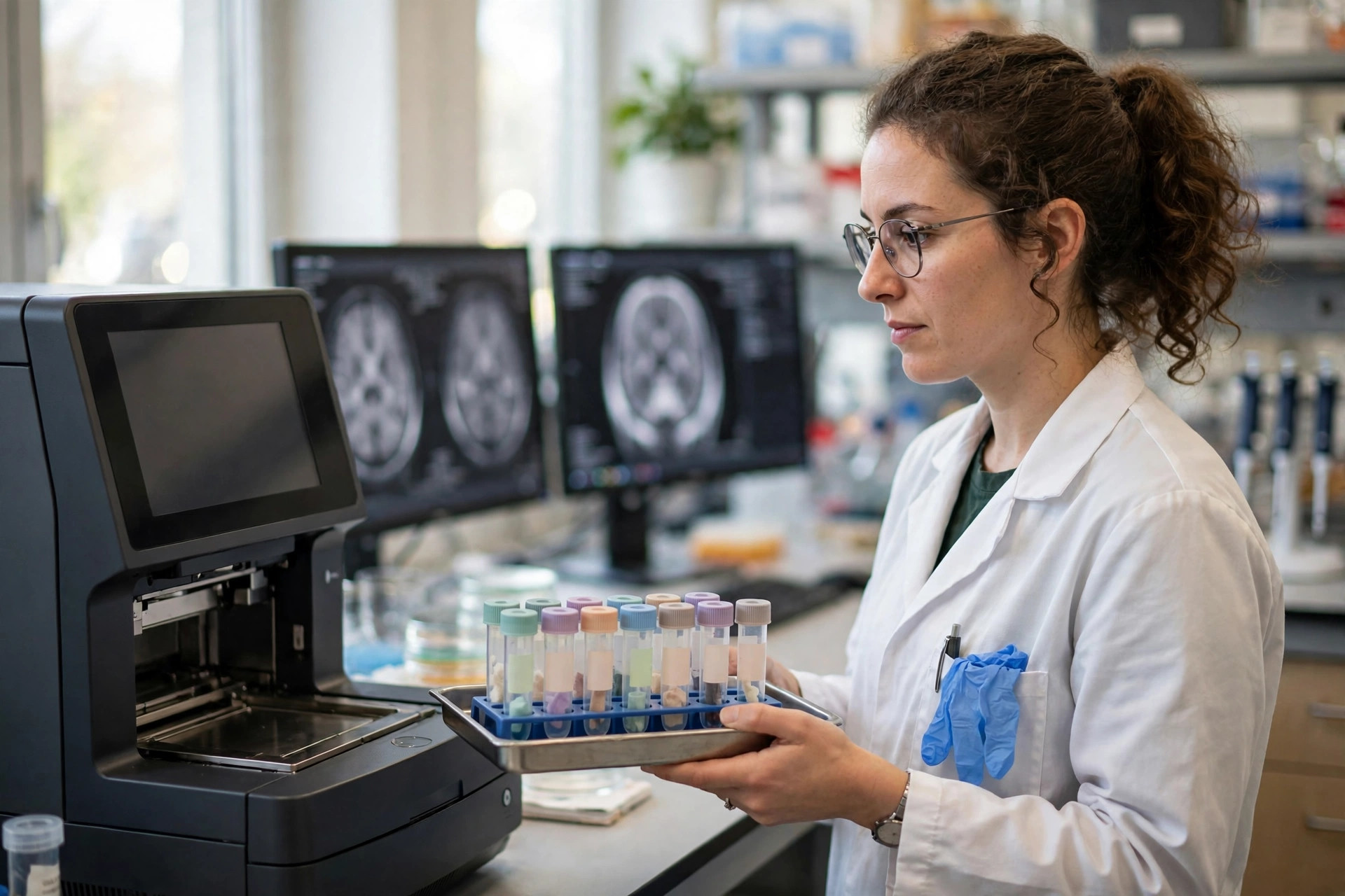 A neuroscience researcher in a bright university laboratory holding a tray of brain-tissue sample tubes beside a DNA sequencer, brain scan images on monitors softly out of focus behind (illustrative image)