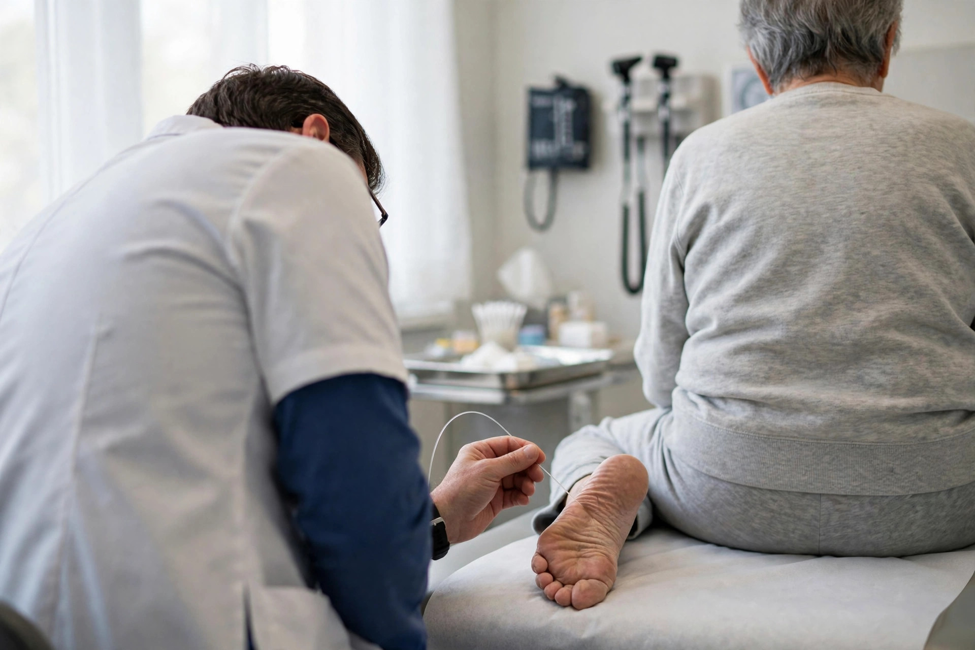 A neurologist in a bright examination room testing foot sensation with a monofilament during a diabetic neuropathy check (illustrative image)