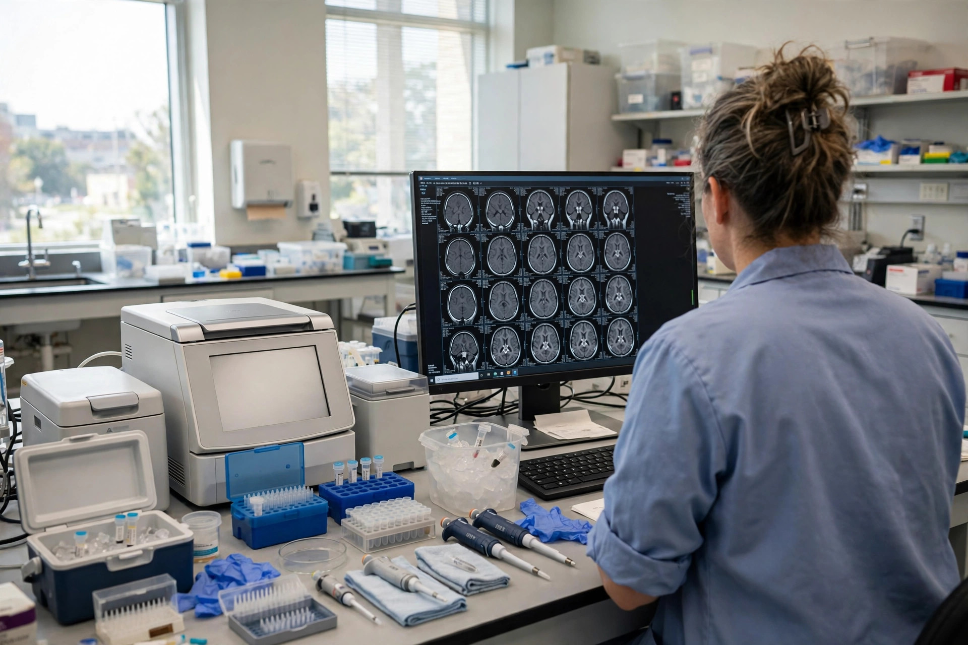 A pediatric neurology researcher in a bright hospital laboratory examining brain imaging scans on a monitor beside genetic testing equipment (illustrative image)